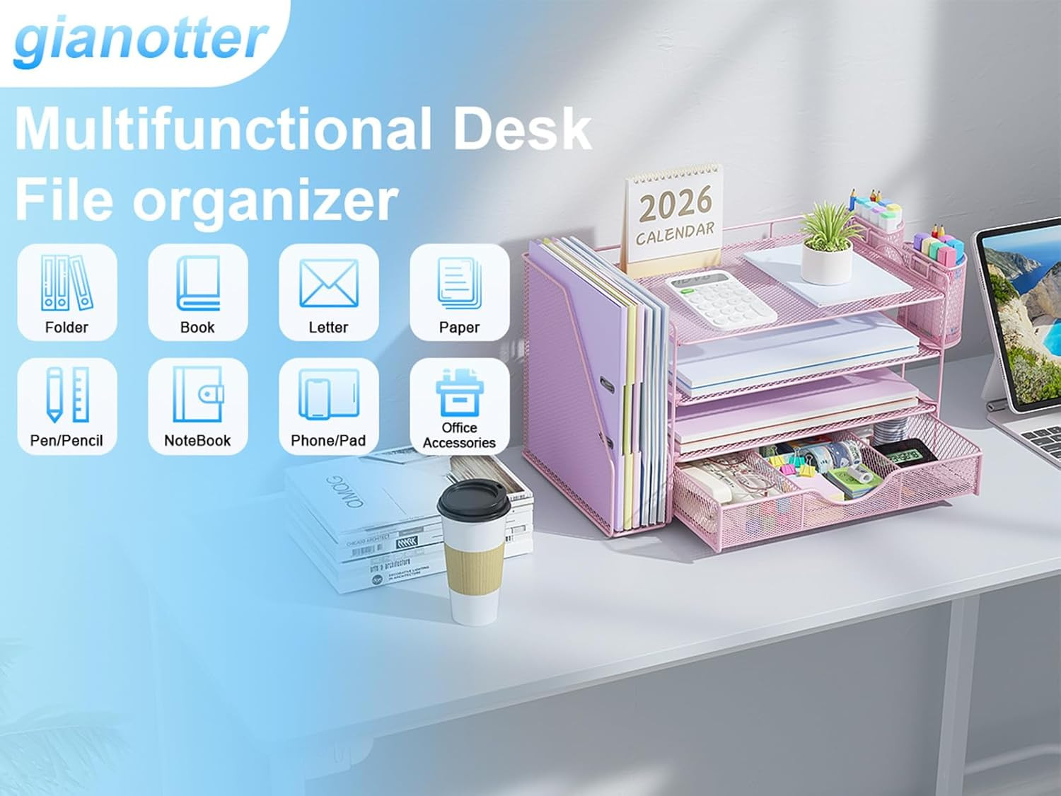 Desk Organizers and Accessories with File Holder, 4-Tier Desk Accessories & Work