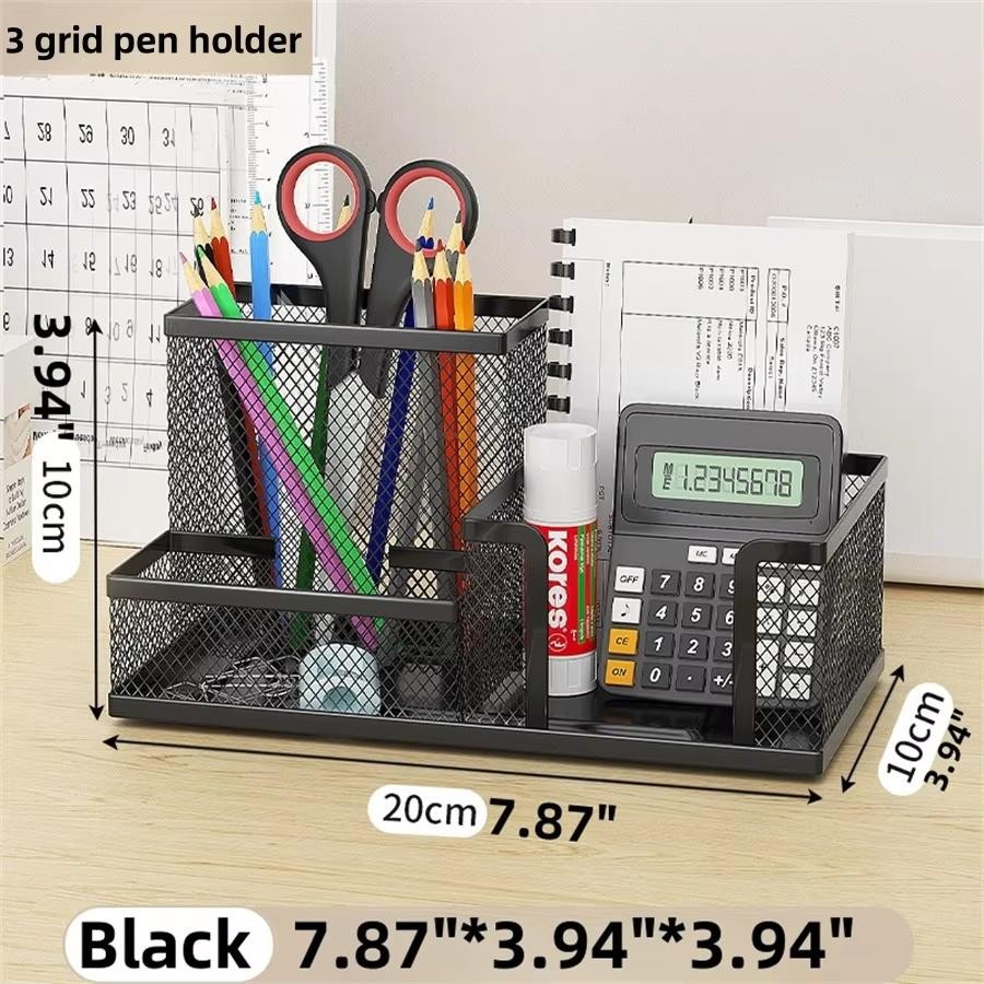 Black Mesh Desk Organizer 3 Compartments Pen Holder Storage for Office Supplies