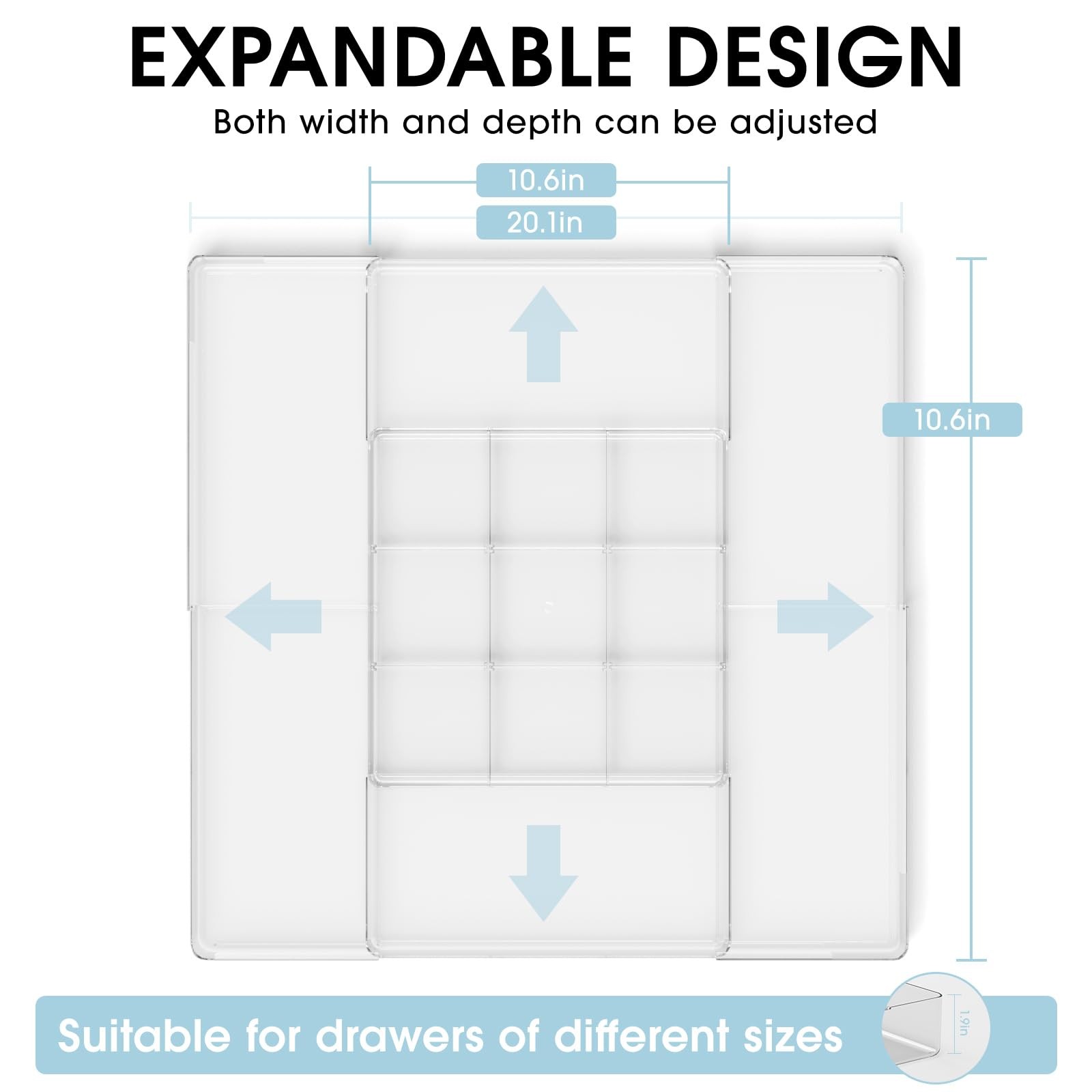 MIUOPUR Expandable Drawer Organizer, Width (10.6″-20.1″) Depth Clear