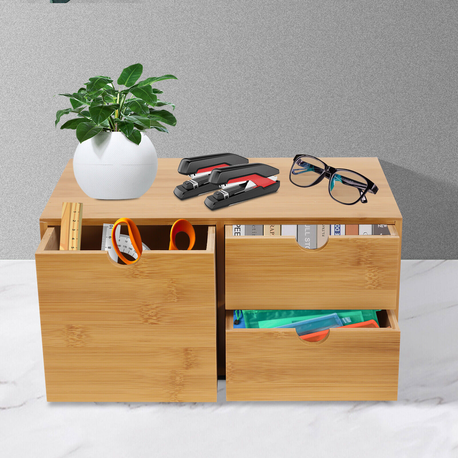 Office Desk Organizer Drawers Desktop Storage Bamboo Box Storage Recess Handle
