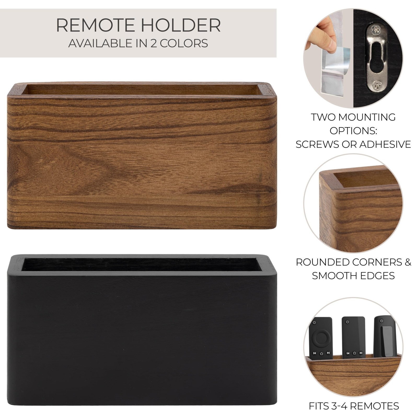 Wooden Remote Control Holder Wall Mount Caddy Holds 3–4 TV Remotes Wood Brown