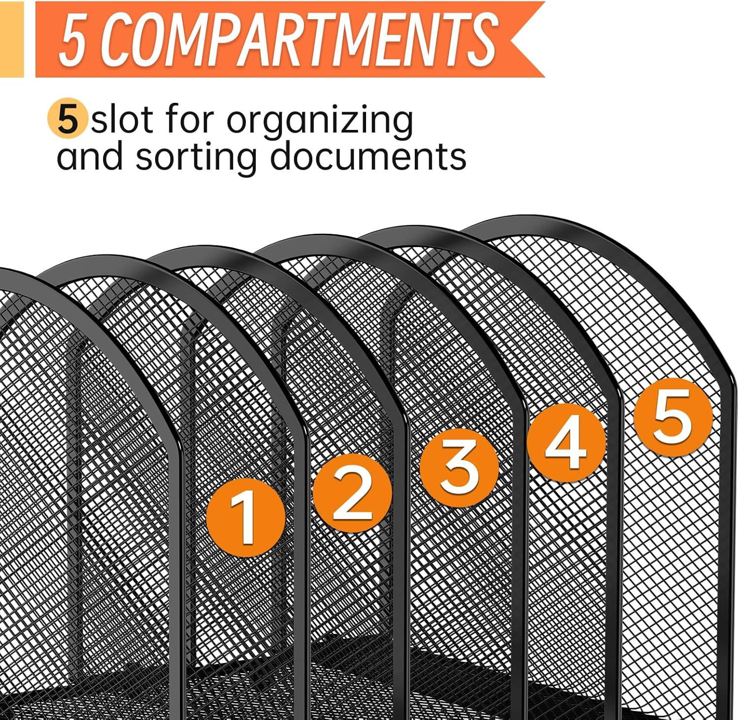 5 Section Metal Mesh Desk File Organizer Vertical Folder Holder Black Office Rac