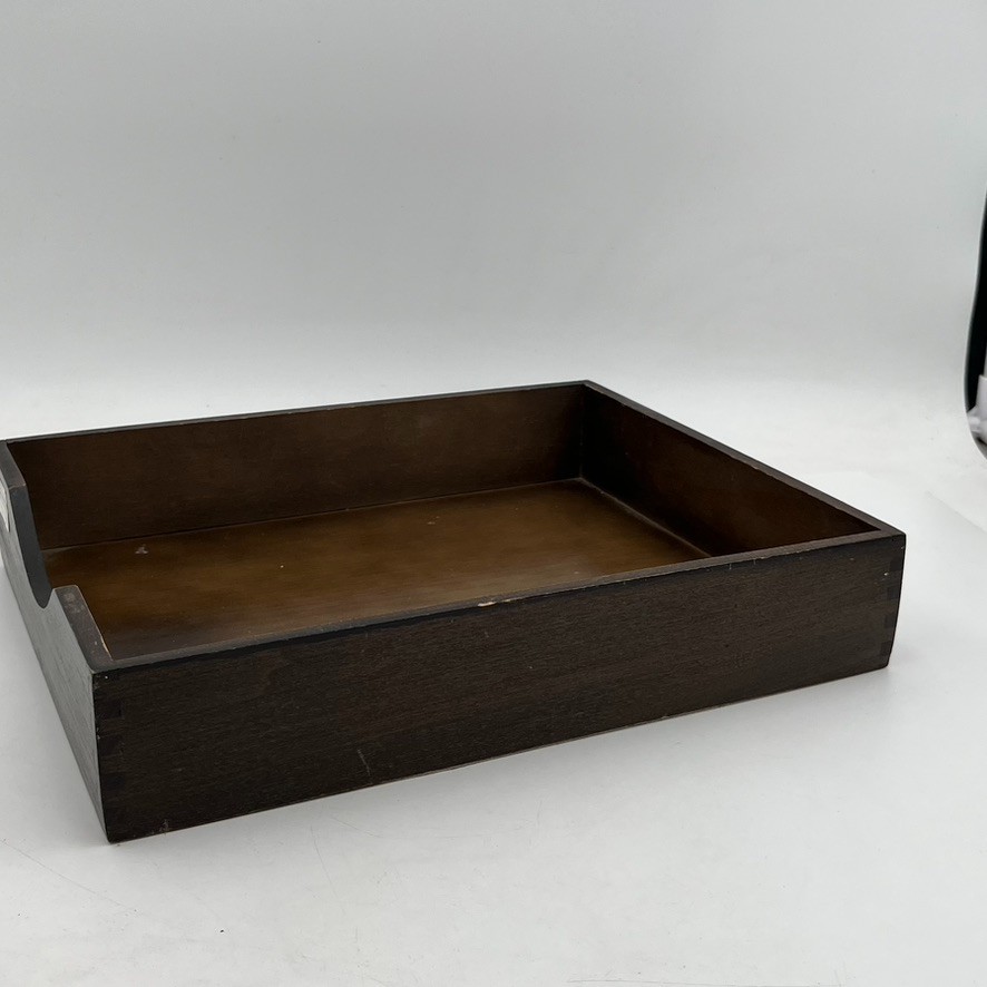 Vintage MCM Desk Organizer Tray Walnut Wood Office In Out Box, 12.5″ x 10″
