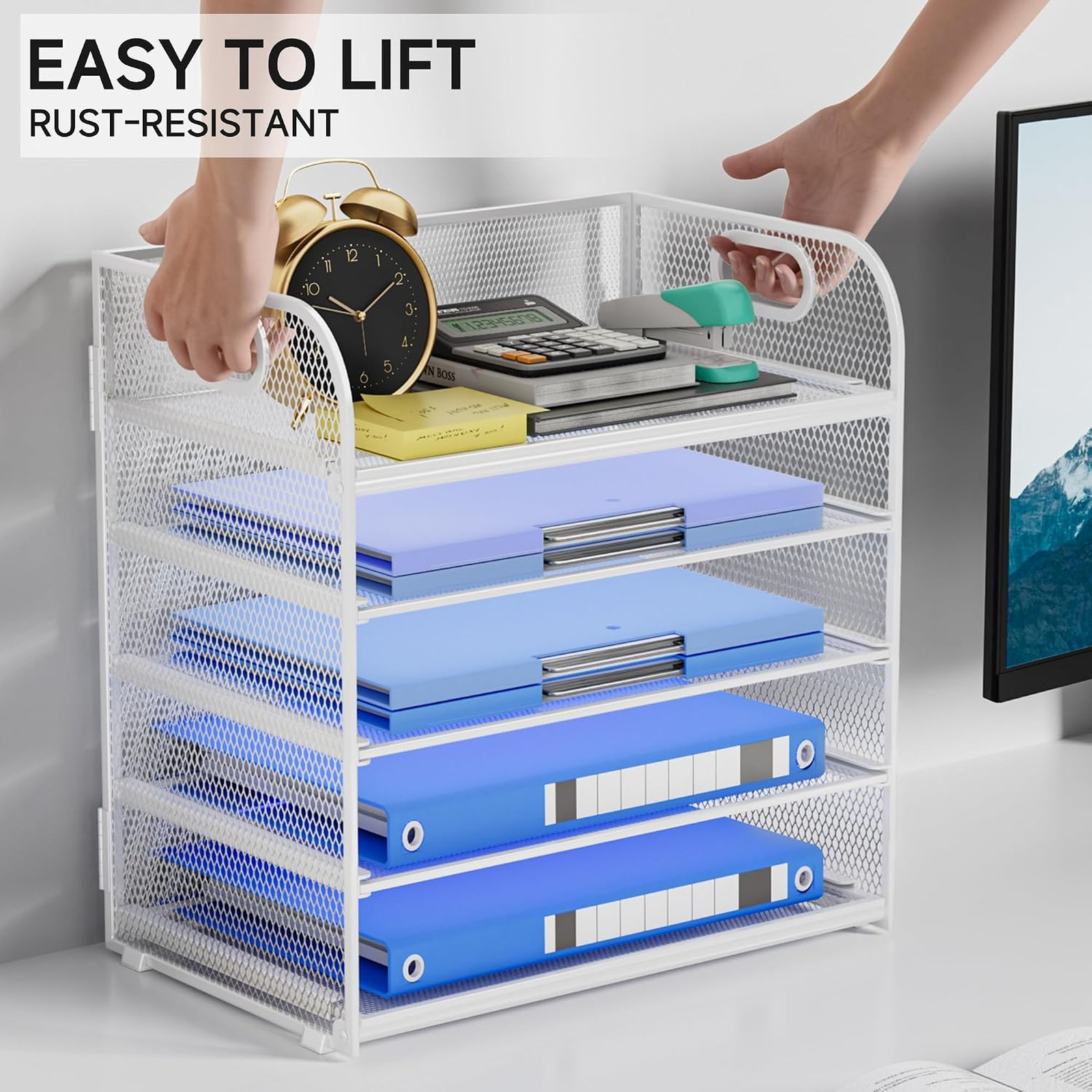 Stackable Paper Organizer with Handle Metal Mesh Desk Tray Office Storage for