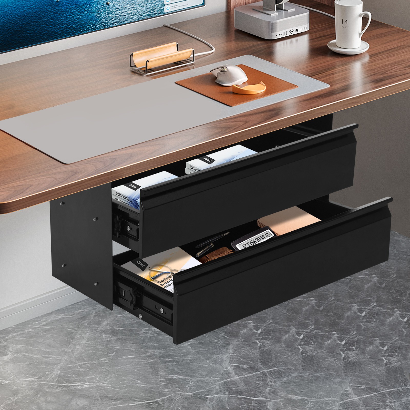 Black Dual Level 16″ Pull Out Under Desk Storage Drawer Set