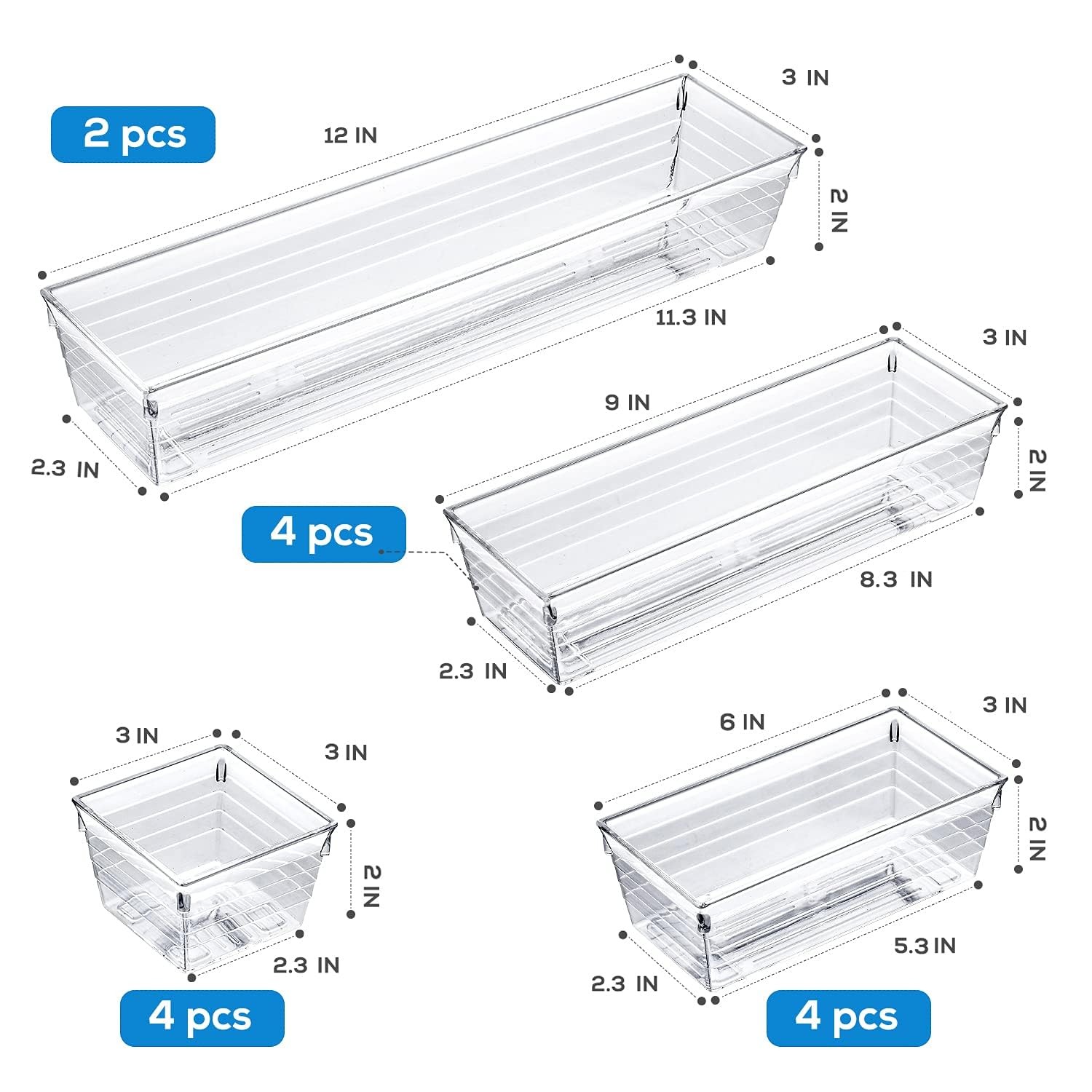 14 PCS Clear Plastic Drawer Organizer Tray for Makeup, Kitchen Utensils, Jewe…