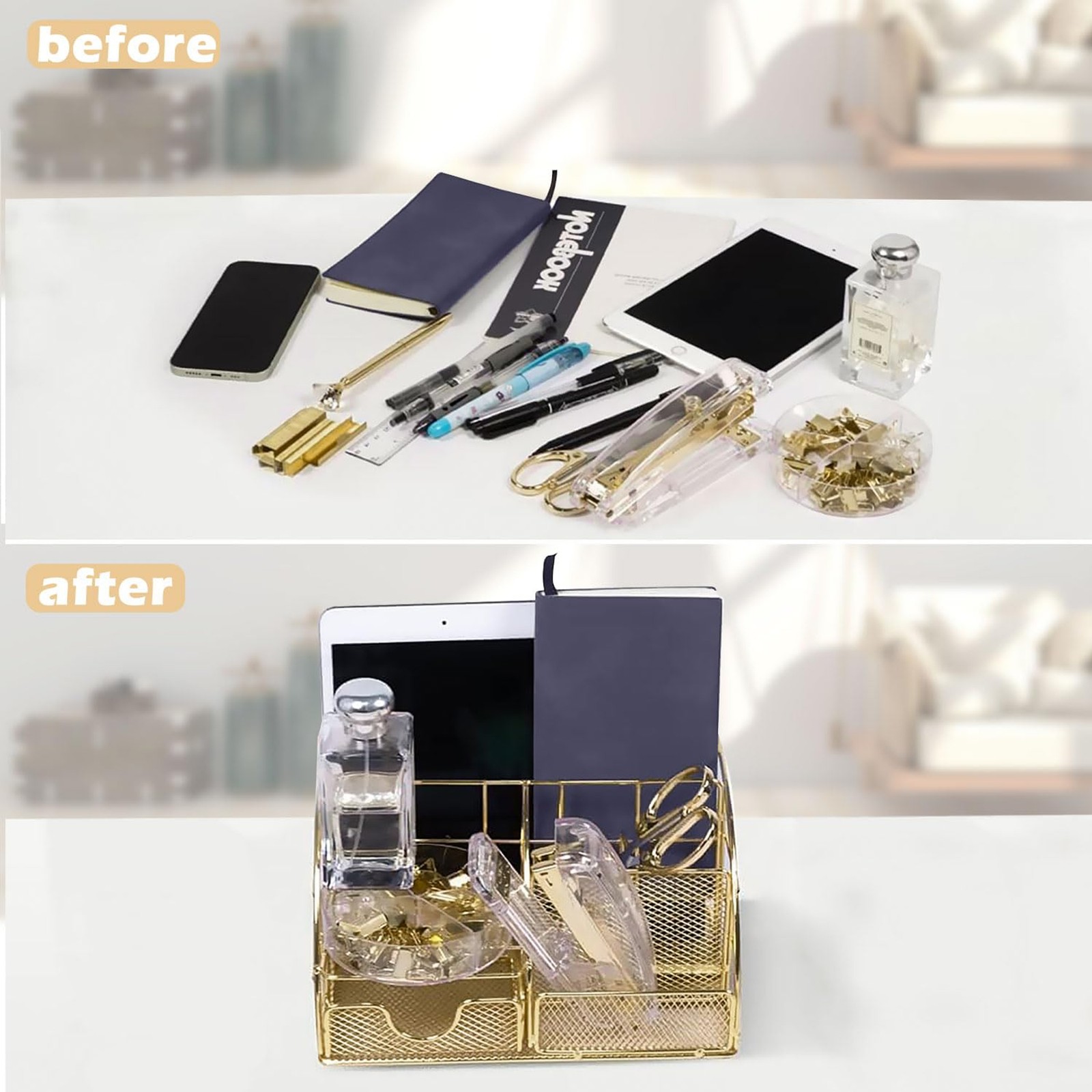 13PC Gold Office Desk Organizer Set Metal Stapler Clips Pen Holder Phone Holder