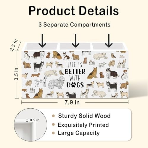 Wood Pencil Holder Desk Organizer 3 Compartments Dog Design 7.9×3.5×2.5 Inch