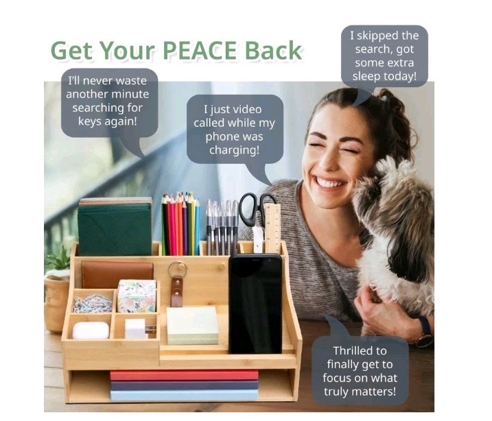 5in1 Bamboo Wood Desk Organizer with Cable Management Spacious Desk Storage