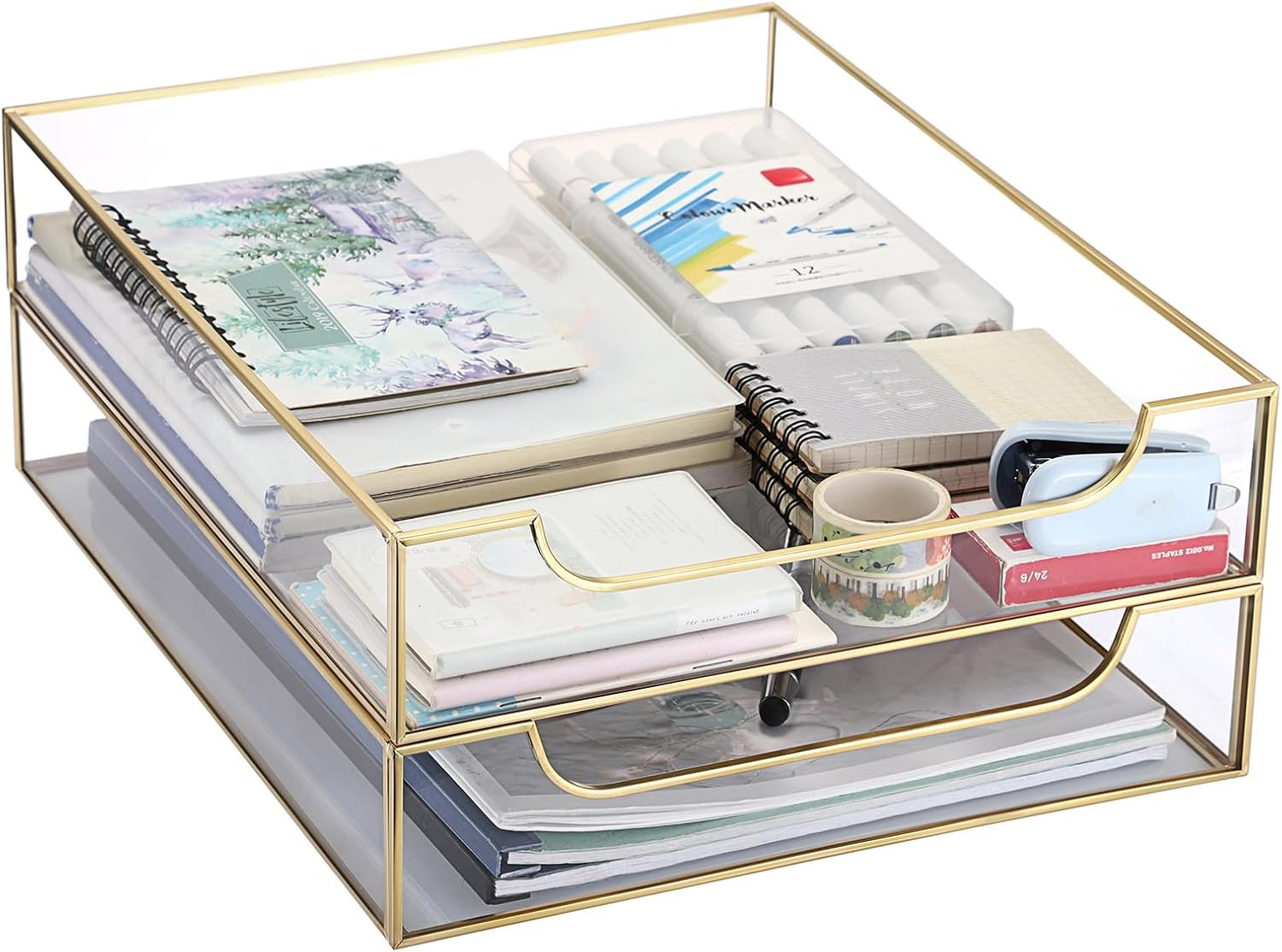 Golden Glass Desk Tray Set – Stylish Organizer for Home & Office Storage