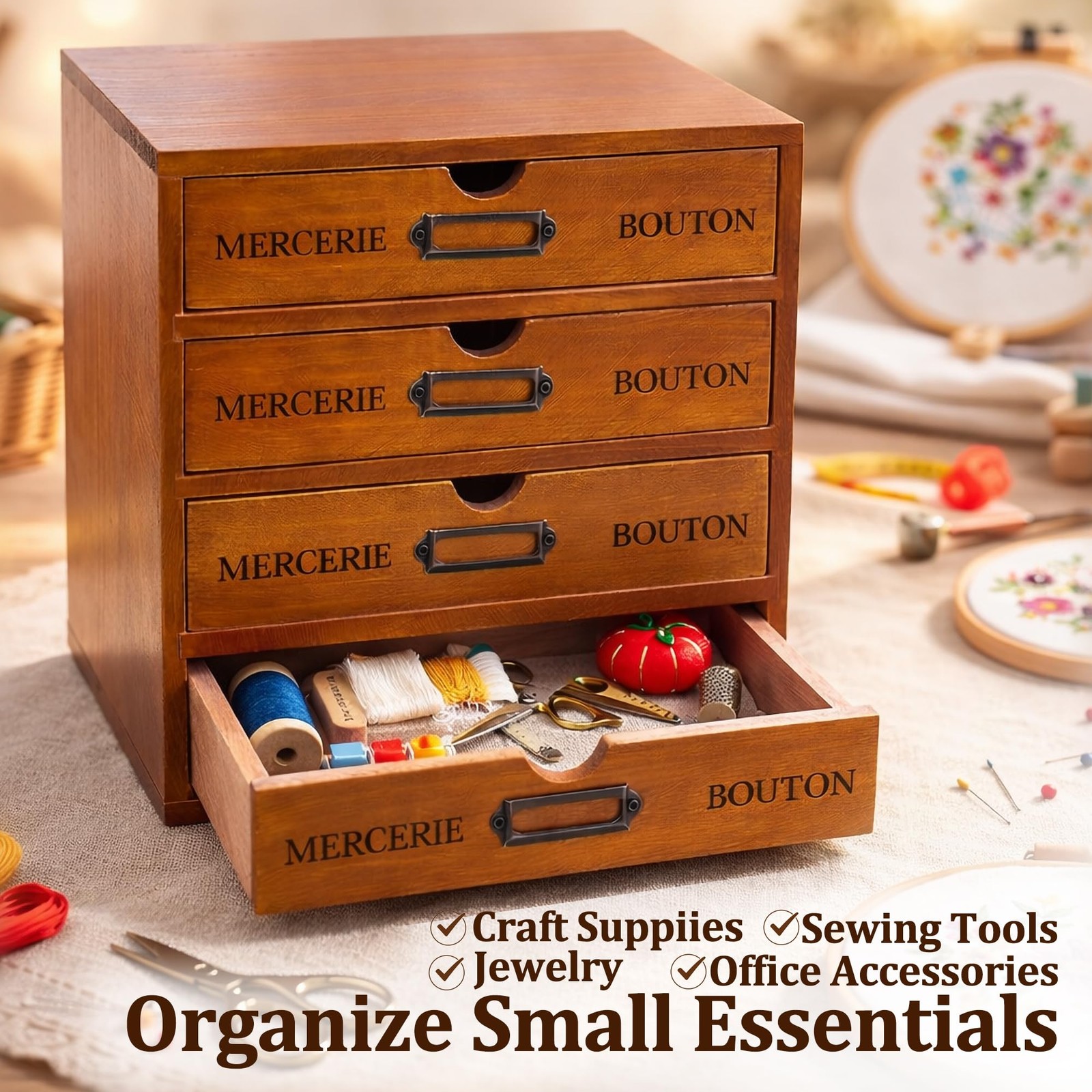 Vintage Wooden Apothecary Cabinet, 4 Drawer Card Catalog Desk Organizer Brown
