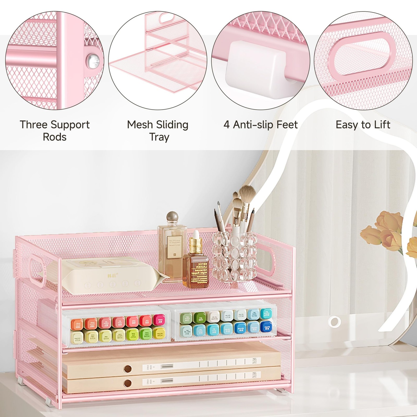 1 Set 3 Tier Paper Letter Tray Organizer Desk Mesh Sorter Pink