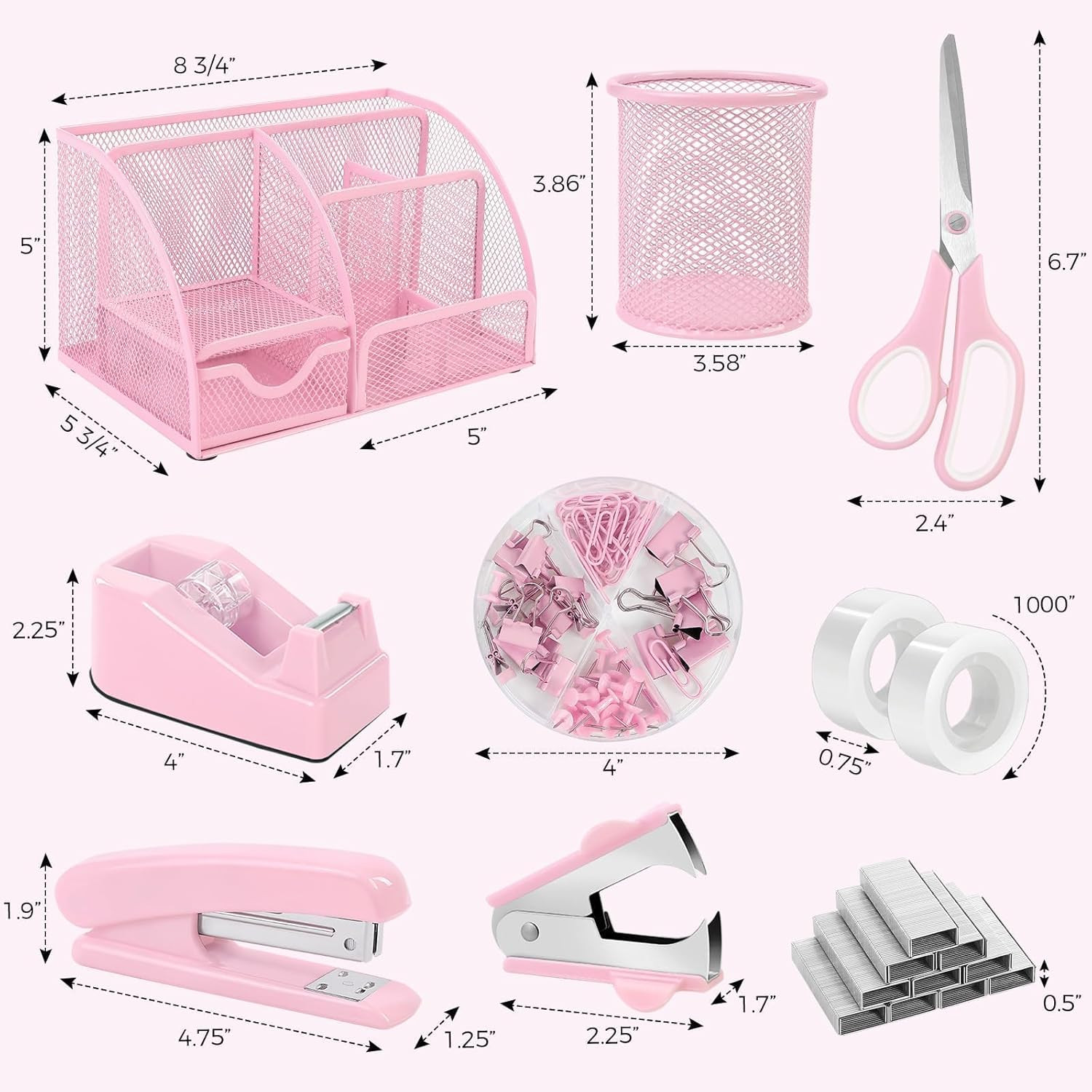 Pink Desk Accessories, Pink Office Supplies Set, Mesh Desk Organizer, Stapler, T