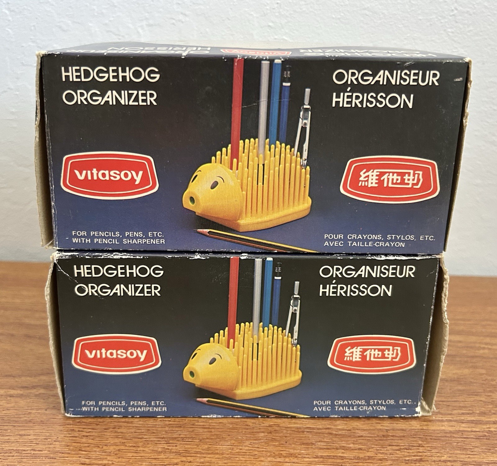 Lot of 2 VTG Hedgehog Pen Organizers w/ Pencil Sharpeners Yellow HK Vitasoy NOS