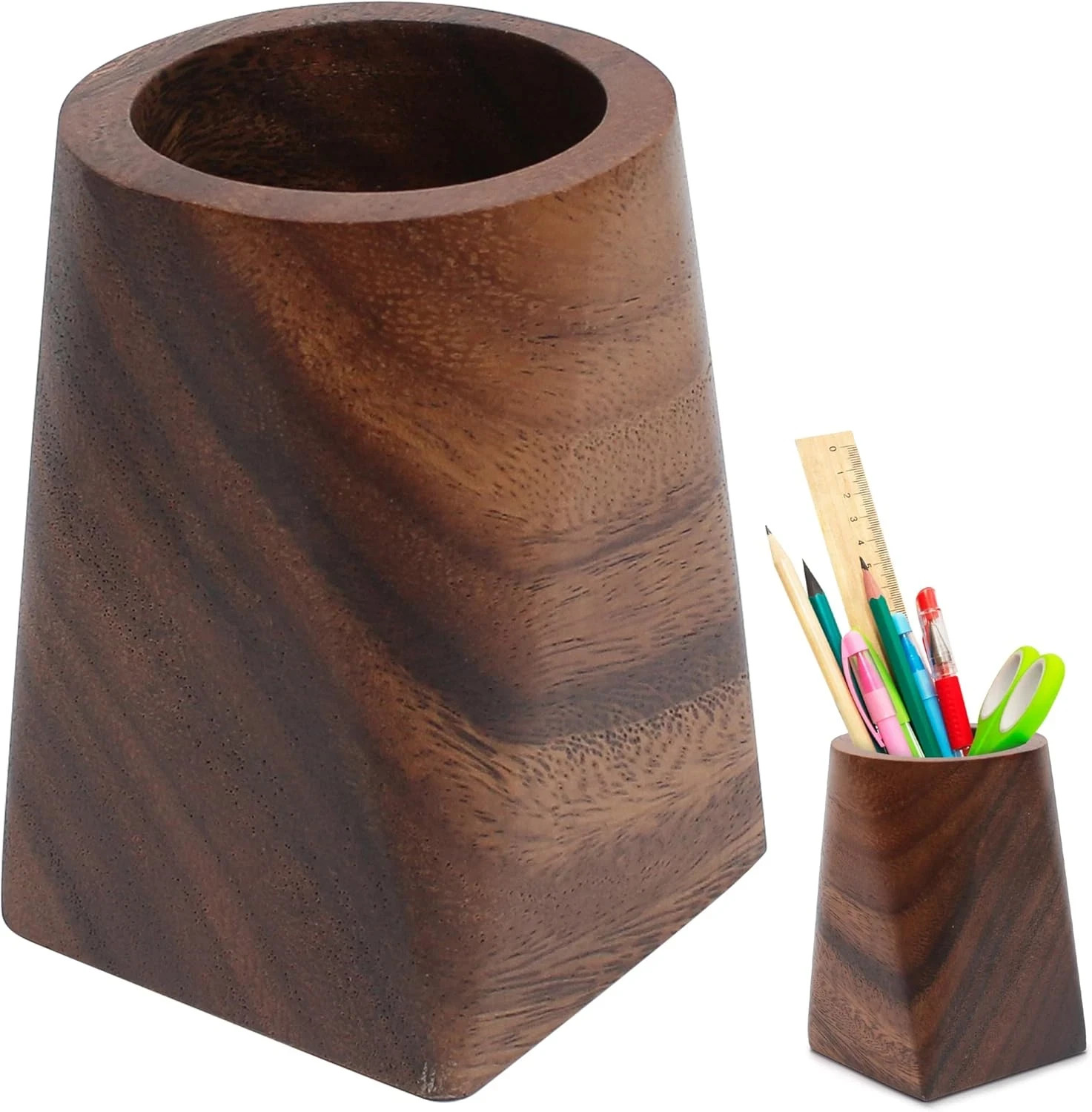 Wooden Pencil Holder, Walnut Wood Pen Cup, Desk Accessories, 4 Inch Organizer Ca