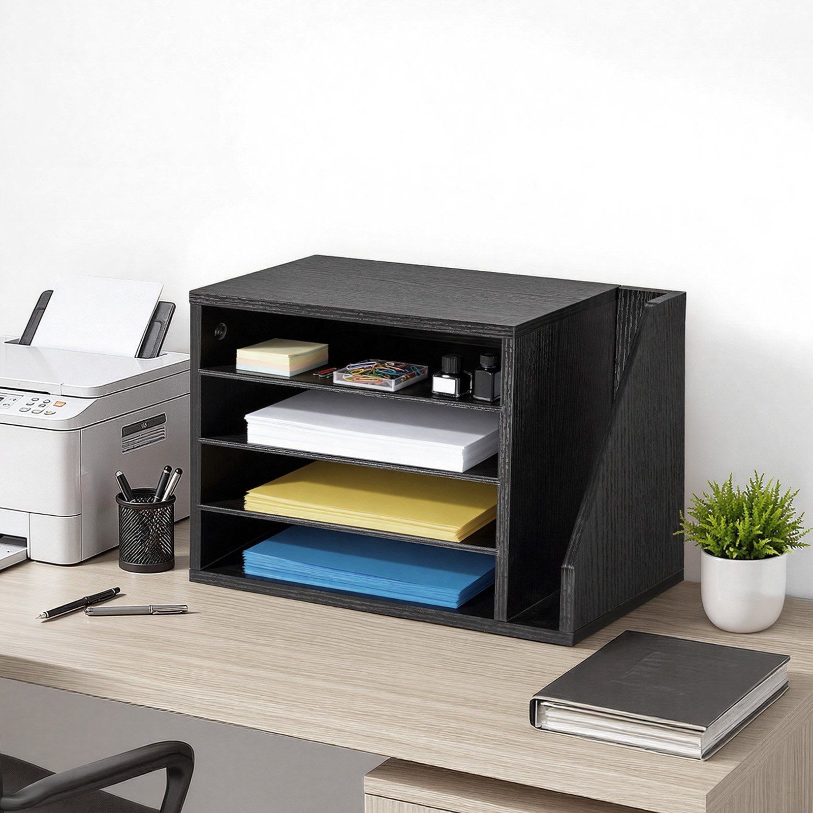 4-Compartment Wooden Mailbox: Desktop Document Organizer with Side File Holder