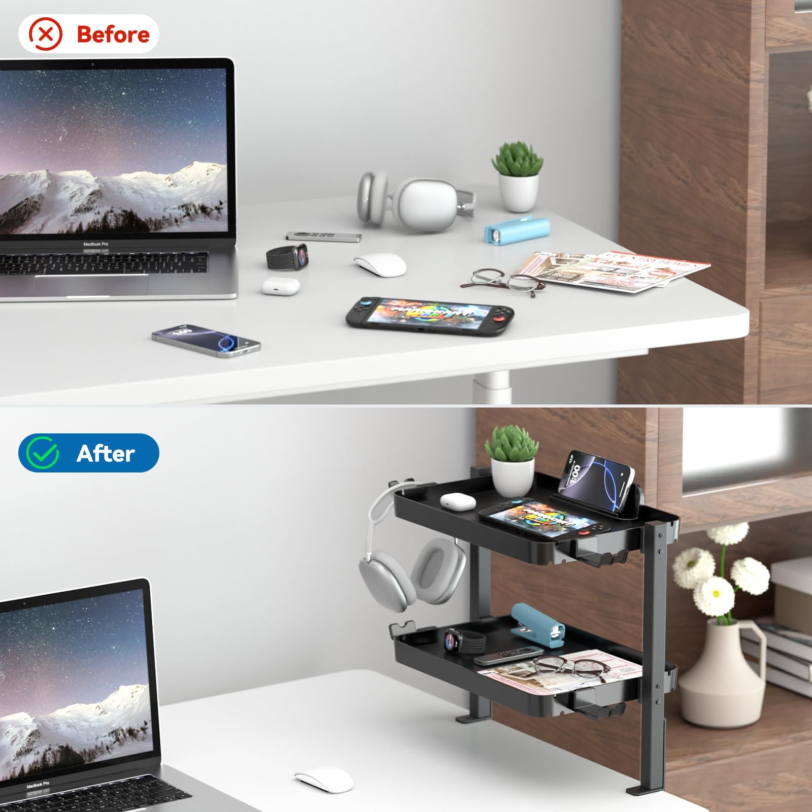 KDD Clamp On Desk Organizer – Adjustable 2-Tier Above or Under Large, Black