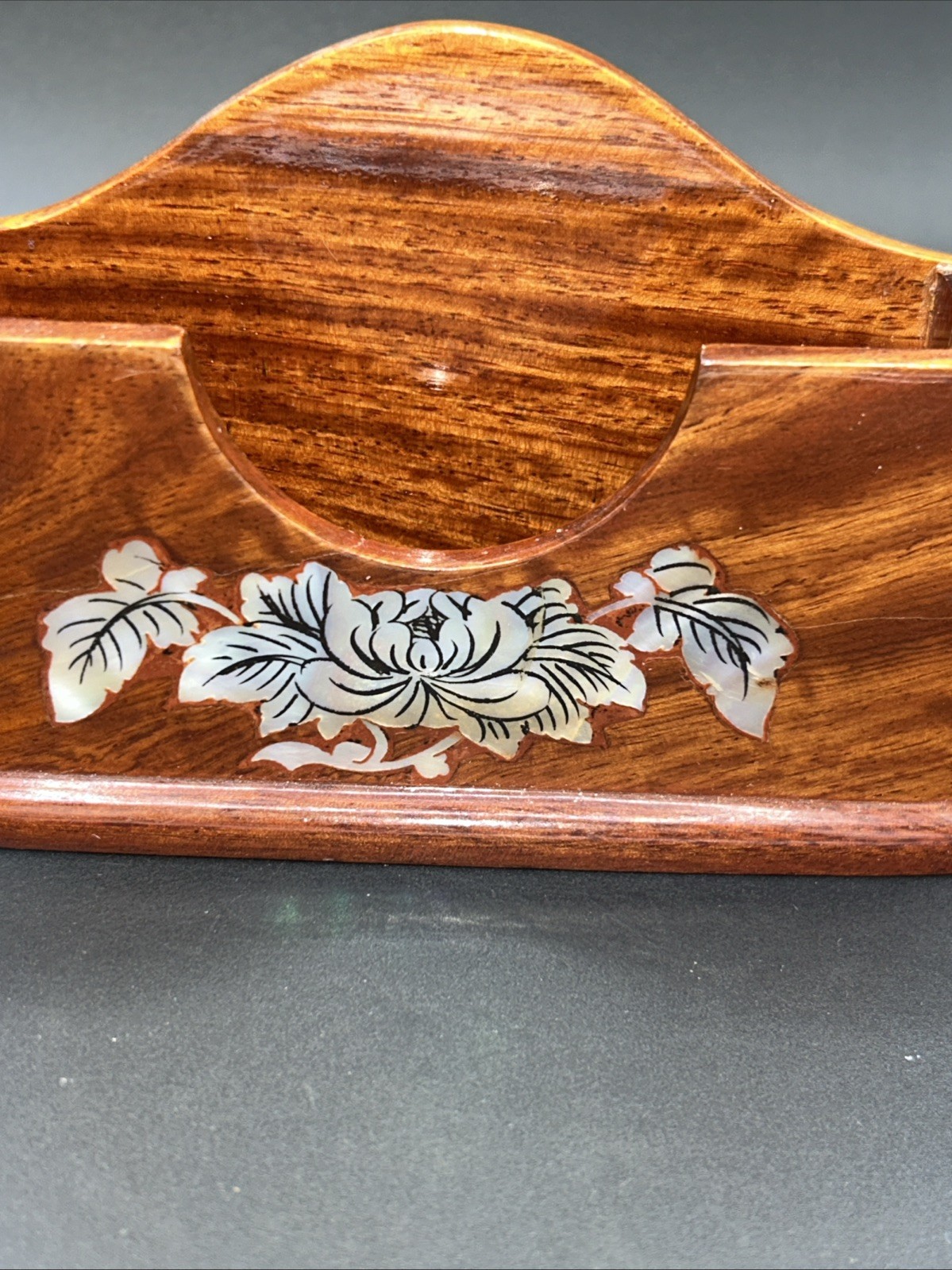 Vintage Pen & Business Card Holder Lacquer Wood w/ Floral Mother-Of-Pearl Inlay