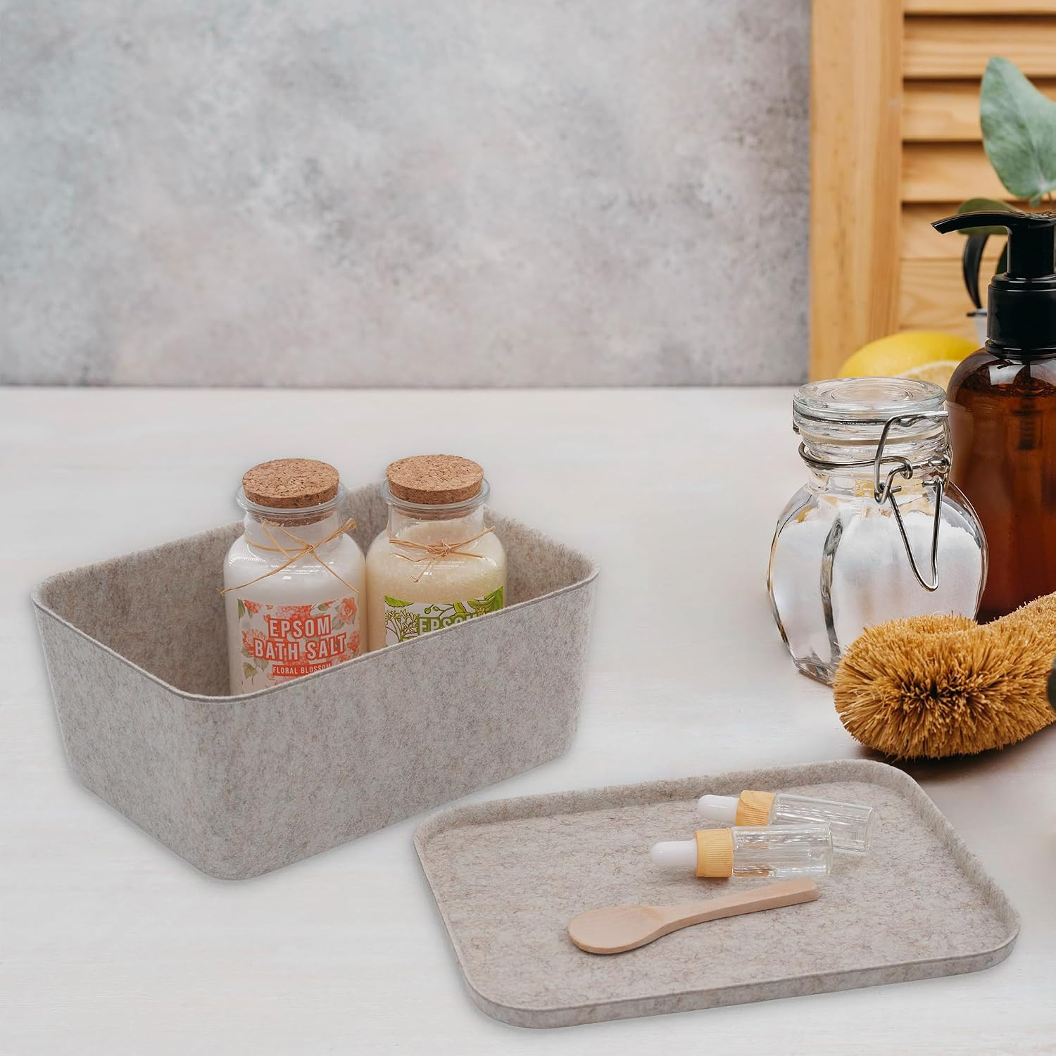 Deep Felt Desk Organizer Bins with Lids for Office & Home Decluttering (Oatmeal)