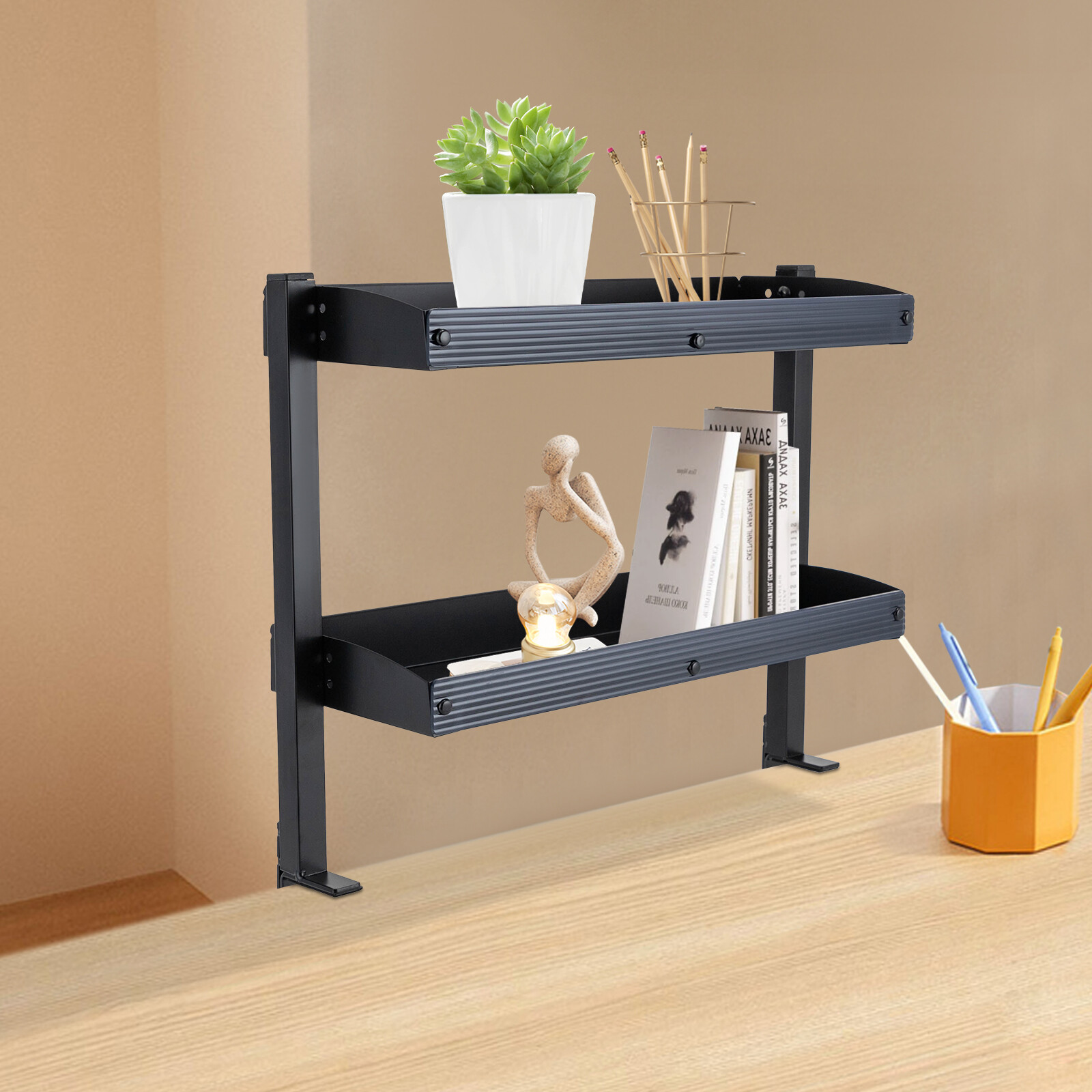 2 Tier Clip-on Desk Storage Home Office Shelf Carbon Steel Desktop Organize Tray