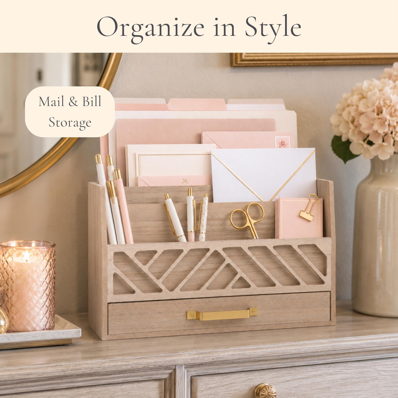 | Wooden Mail Organizer with Drawer and Gold Handle | Outgoing Mail Holder an…