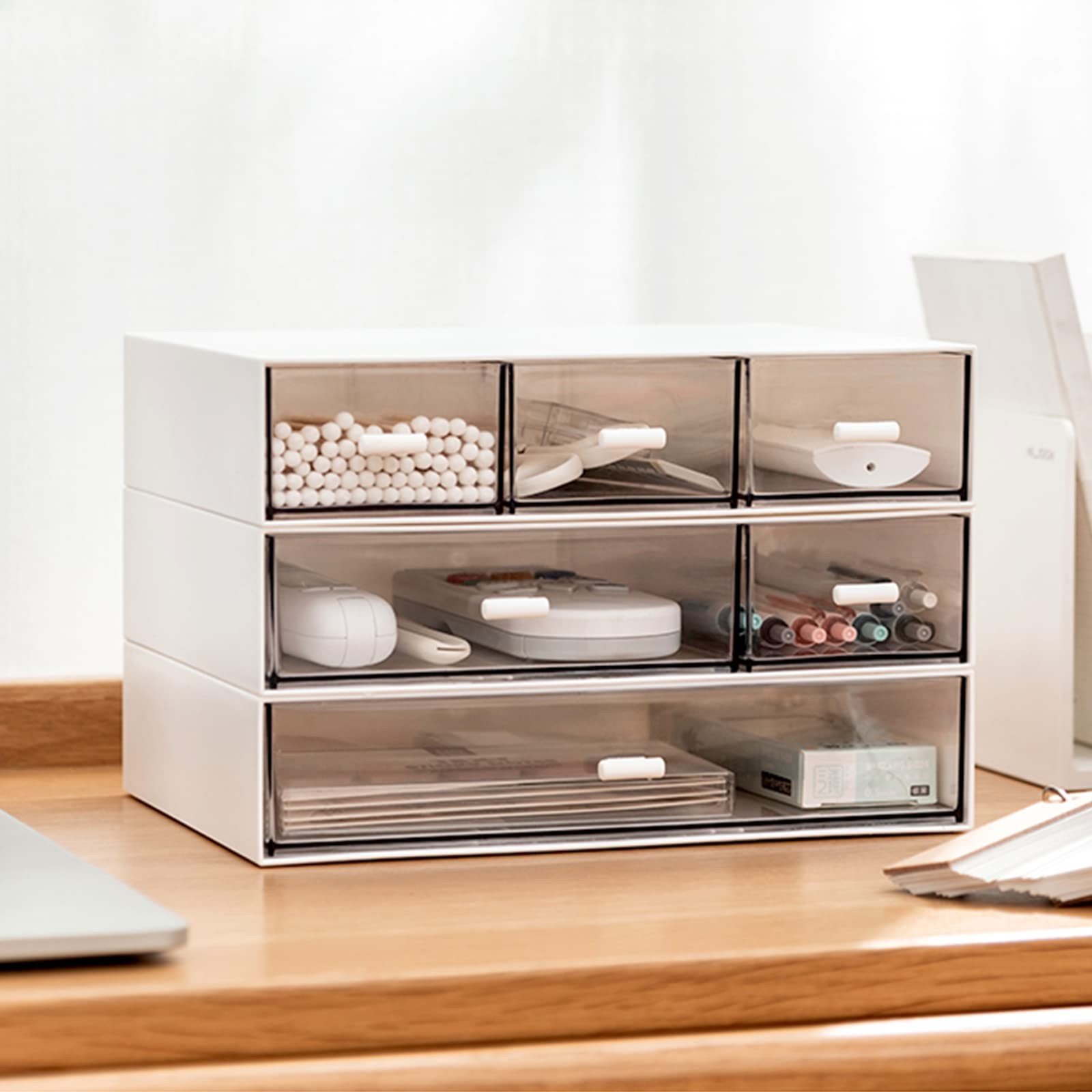Desk Organizer-3 Tier Stackable 9*6.5*2inch – 1+2+3 Compartment, White