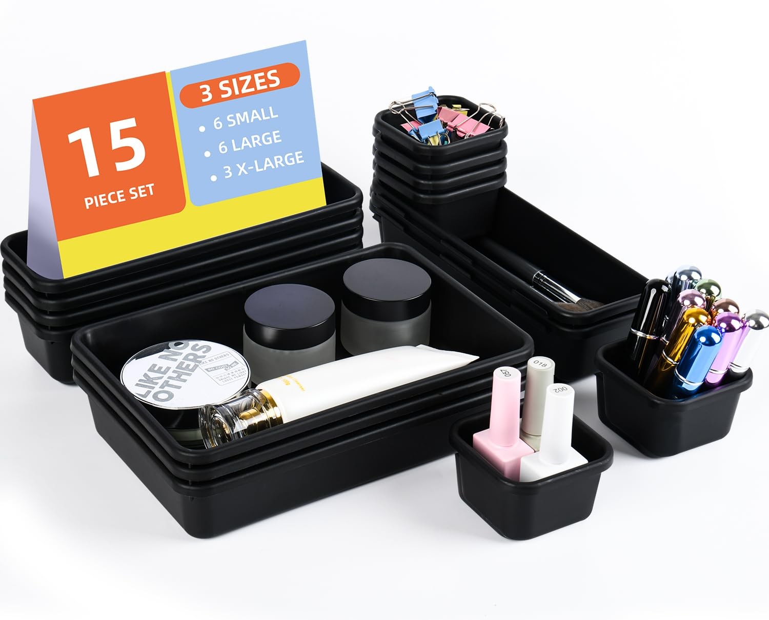 15 Piece Drawer Organizer Set, 3 Size Interlocking Plastic Storage Bins for O…