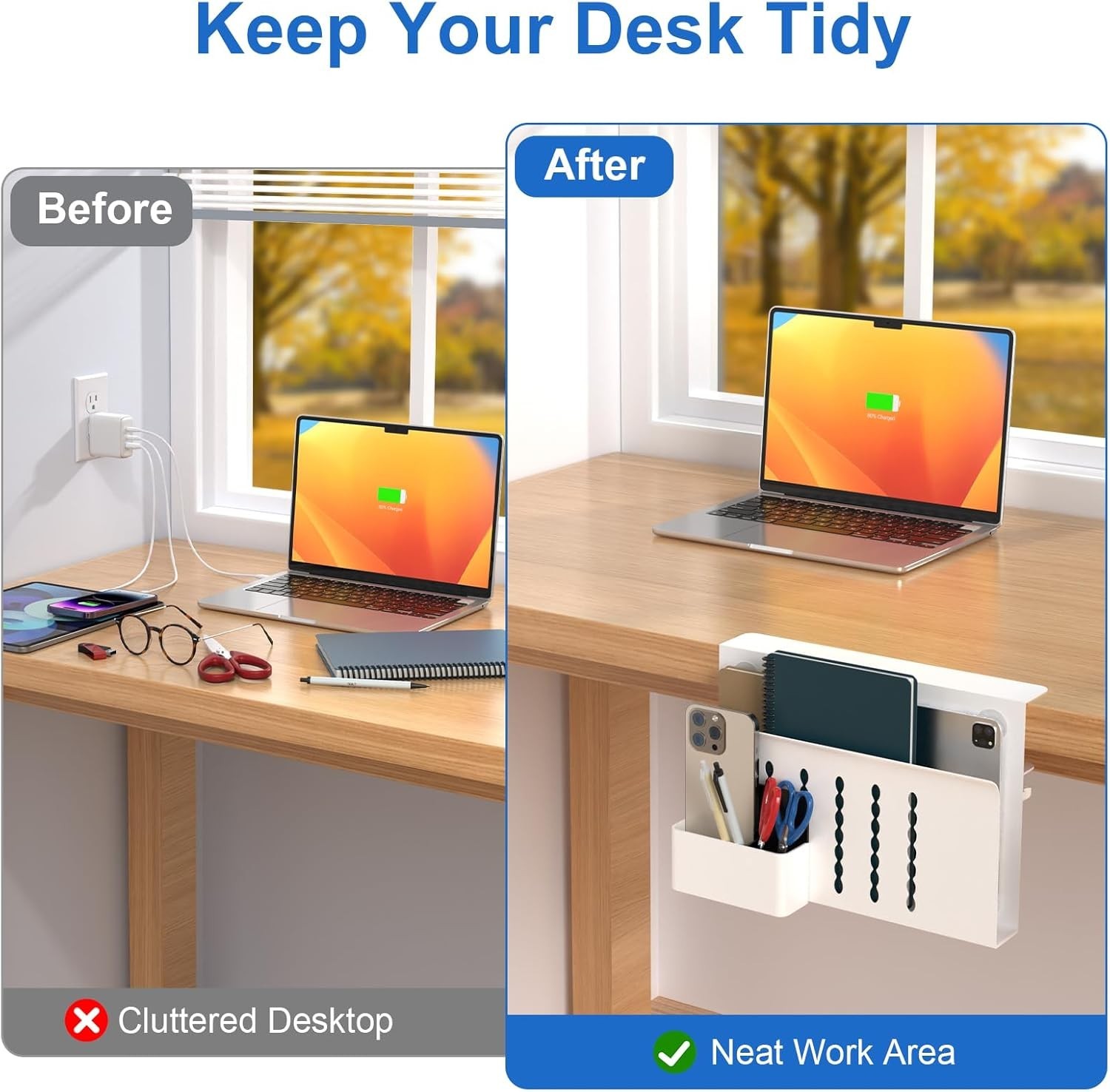 Desk Side Storage, Single-Layer Steel Hanging Desk Organizer with Pen Holder