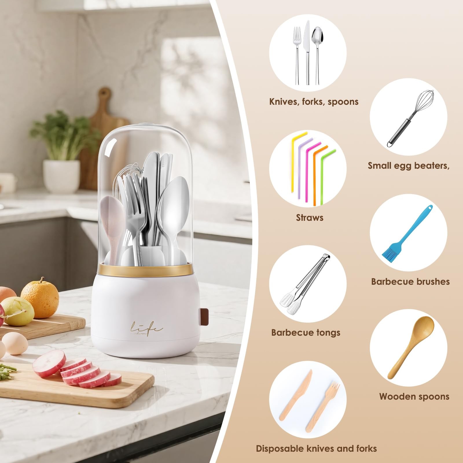 EXIN DECHEN 360° Rotation Silverware Organizer for Kitchen White