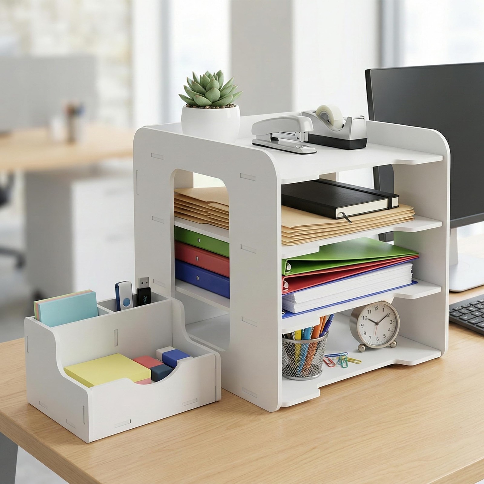 Moontility Desk Organizer, 4-Tier File Organizer for 13″ x 9″ x 9″, White