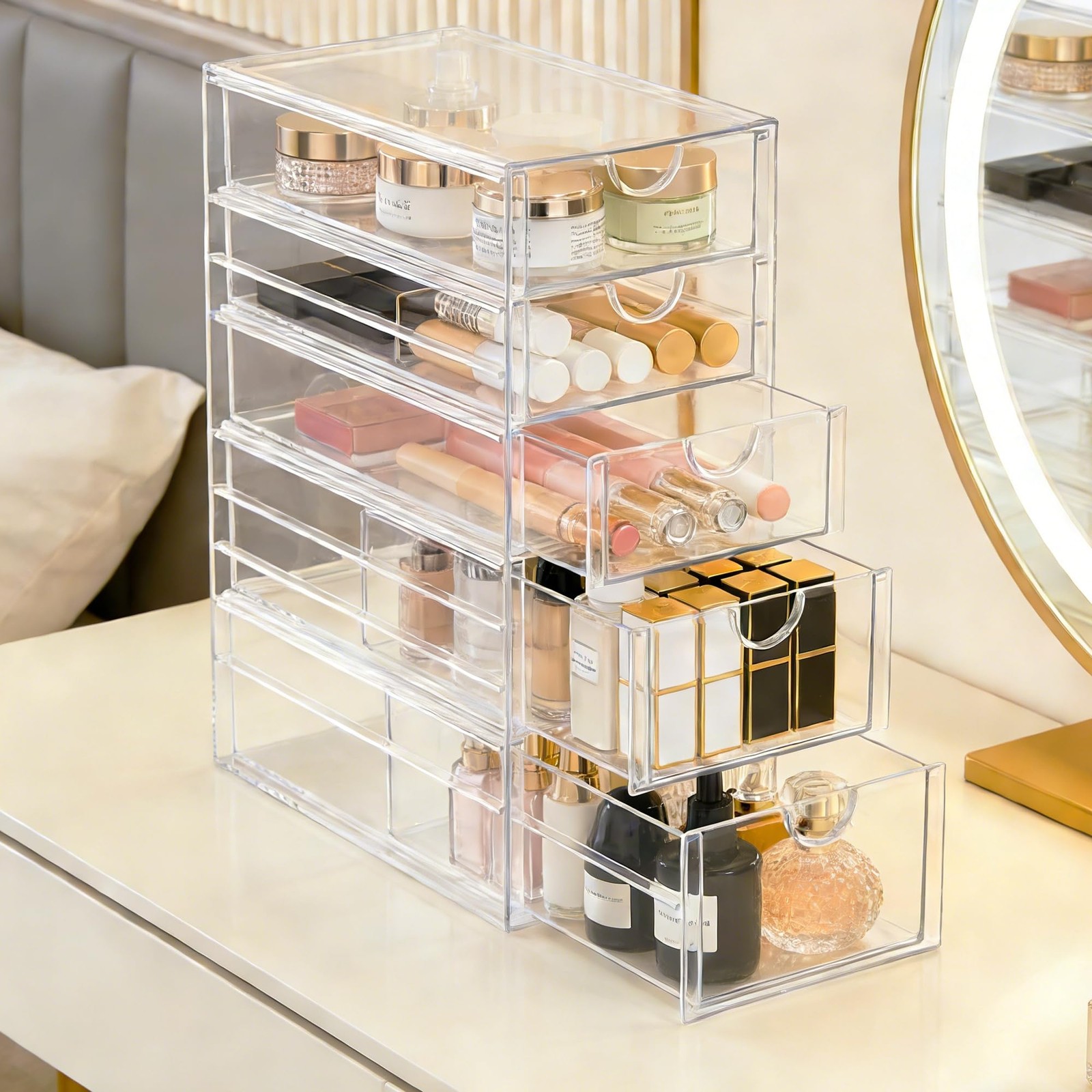 Prsildan Acrylic Drawer Makeup Organizer 10″H x 4.2″W x 6.9″D, Transparent