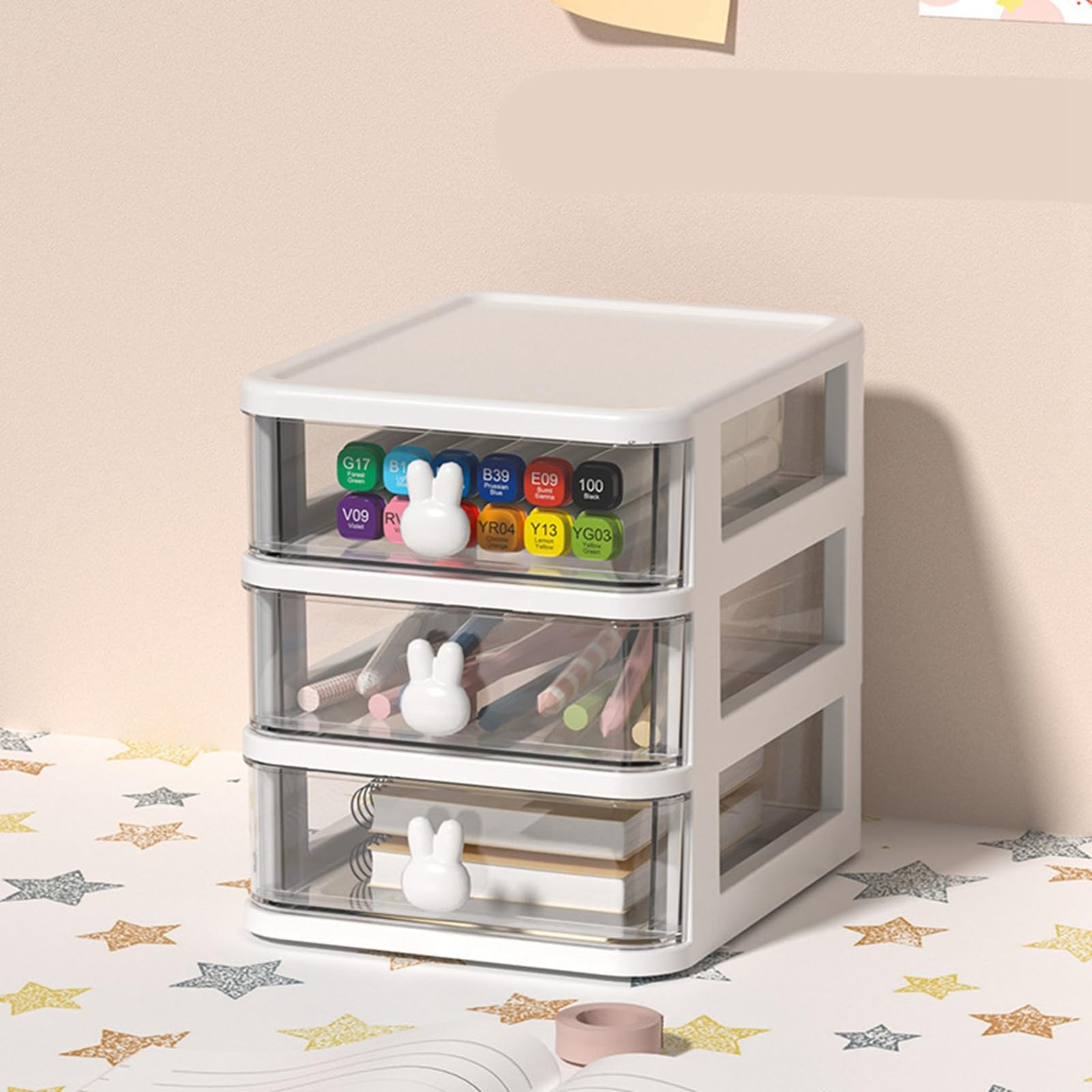 Glomora Bunny Drawer, 5 inches x 6.8 x 6.4 inches, White Three Layers