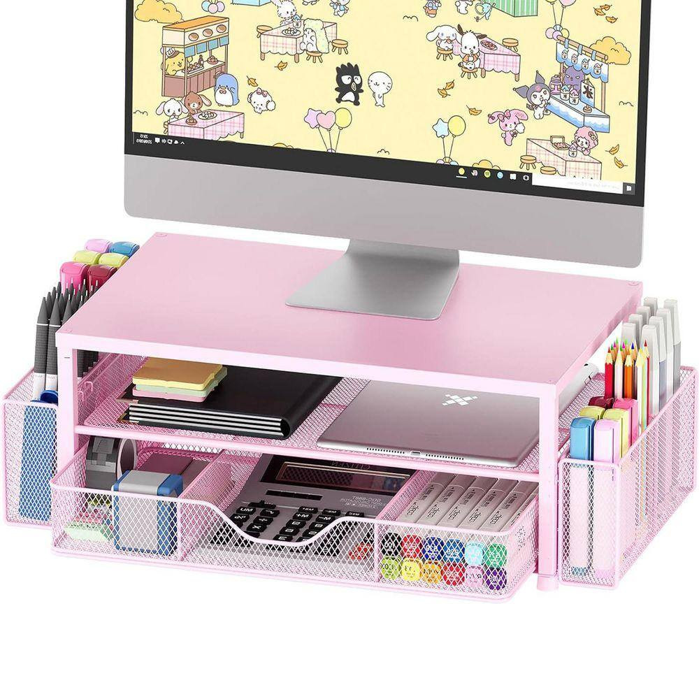 Pink 15.5 In. X 6.3 In. Metal Modern Desk Organizers with Drawer and 2 Pen Holde