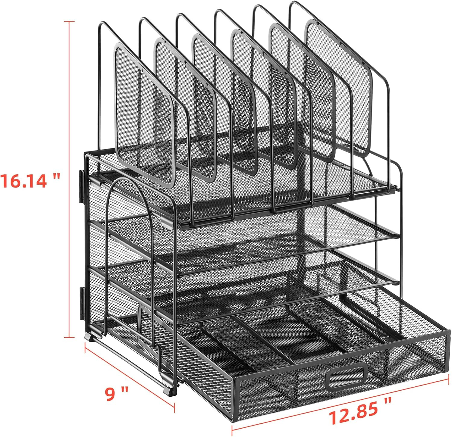 Desk Organizer with Drawer, 4-Tier Mesh File Organizer with 5 Vertical File Hold