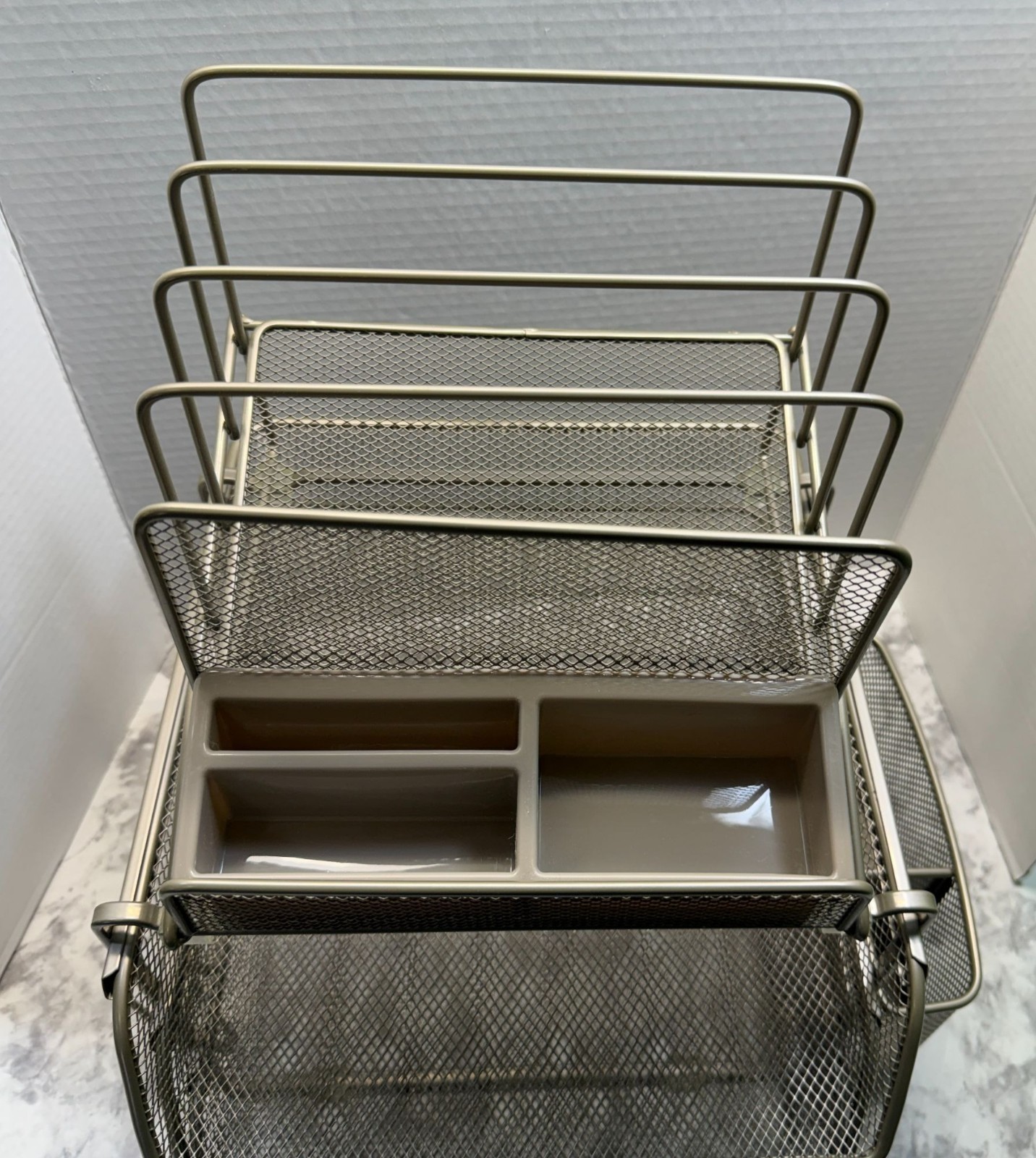Mesh Metal Office Desk Organizer Steel Grey Finish Sliding Baskets Paper Holders