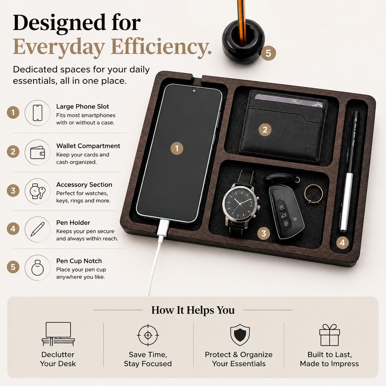 Wood Desk Organizer Tray Ceramic Pen Holder Valet Tray Phone Wallet Keys Holder