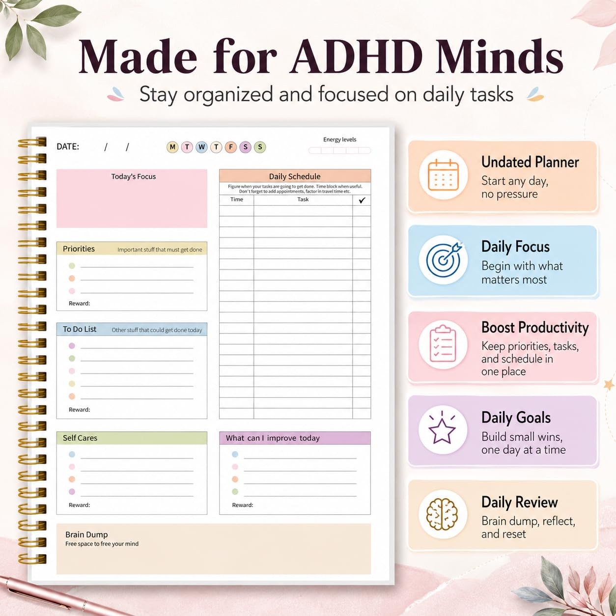 ADHD Planner for Women，Daily Productivity 7 X 10 inches, Colorful Leaves
