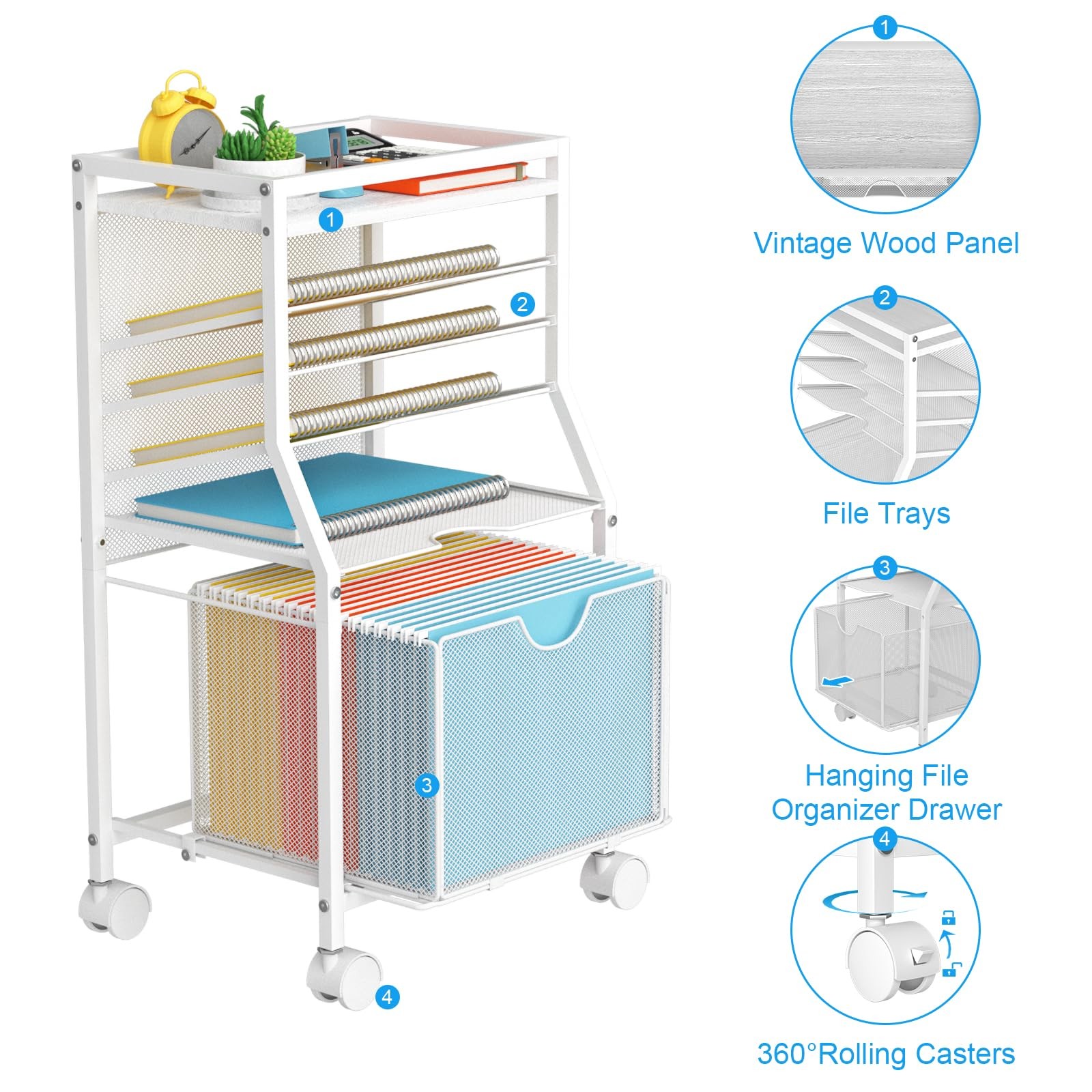 Rolling File Cart 6Tier Desk Organizer Lockable Wheels White Wood Planks
