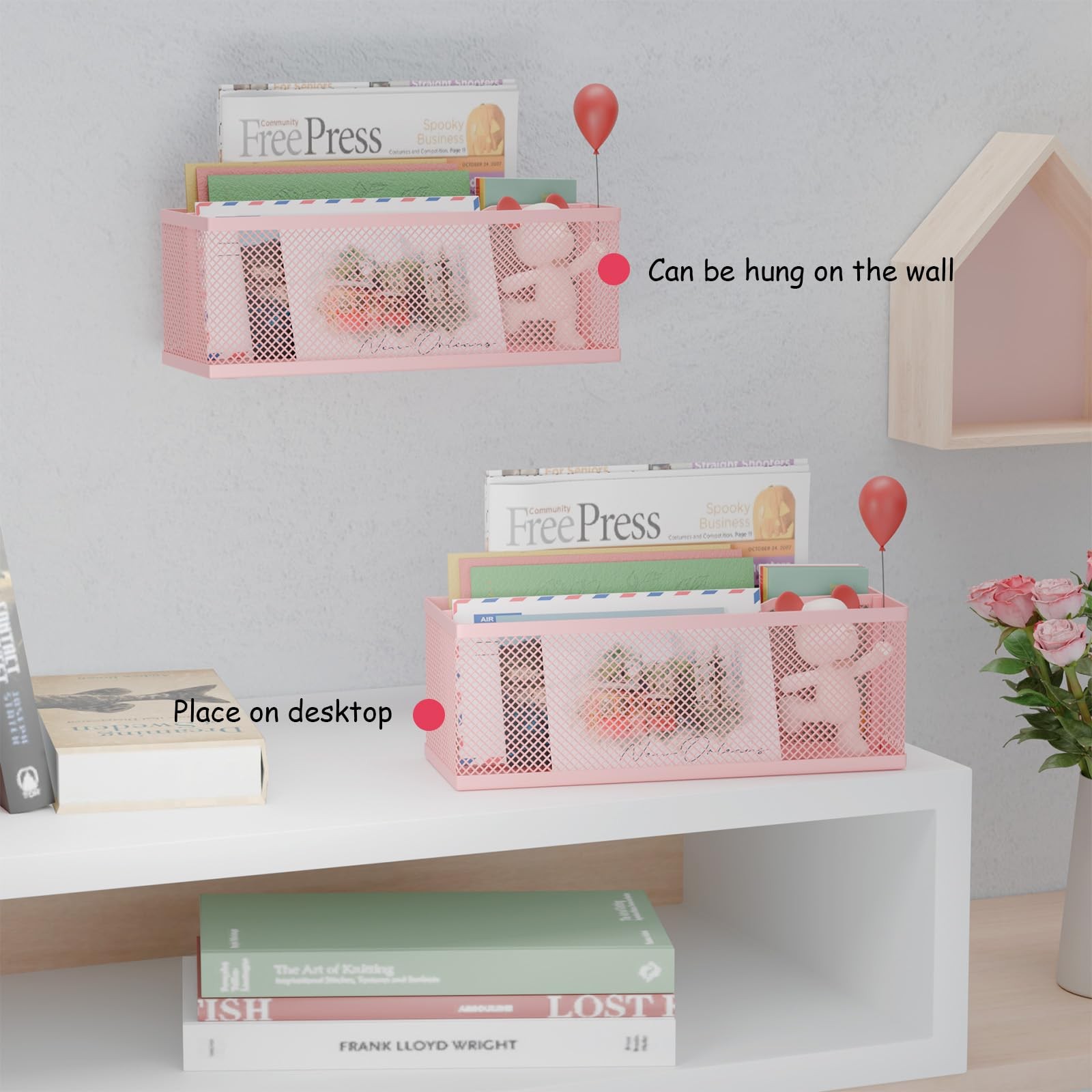 Pink 2 Slot Desktop Mail Organizer Countertop Wall Mounted File Letter Sorter