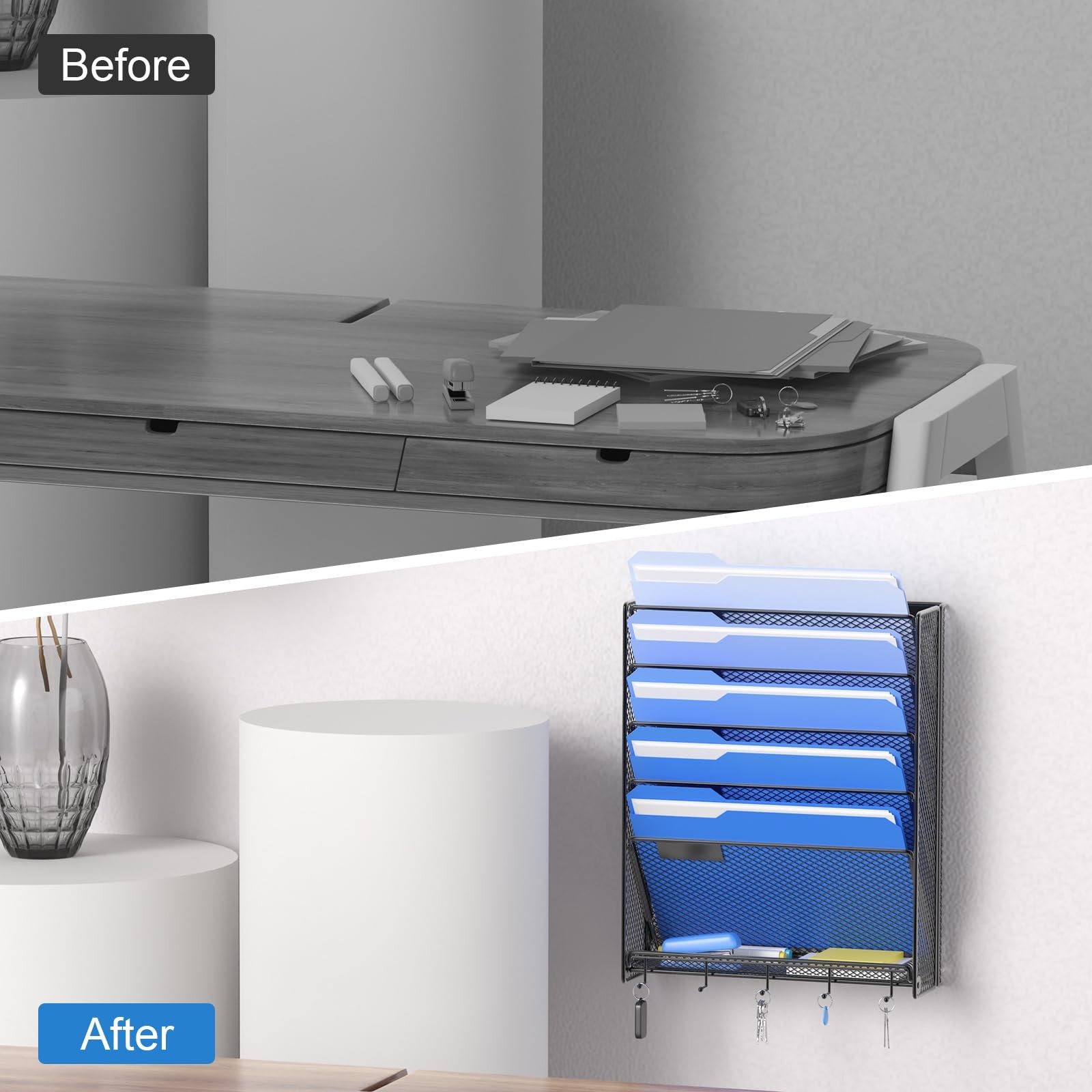 OUTWOLF Hanging Wall File Organizer with Hooks, 6 Tier Vertical Hook 6-Tier