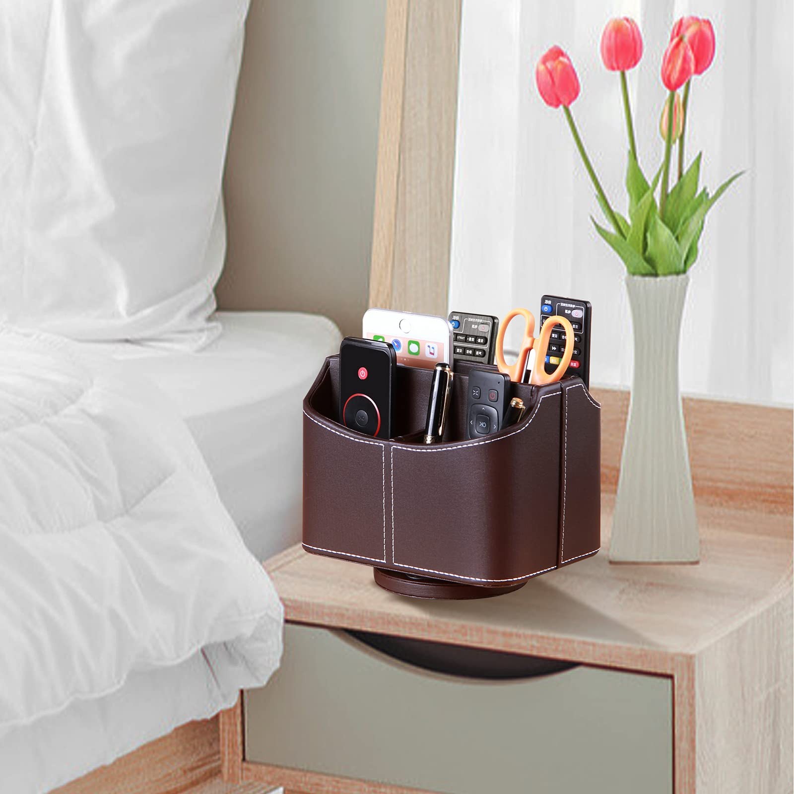 Leather Remote Control Holder 360 Degree Spinning Desk TV Caddy Organizer