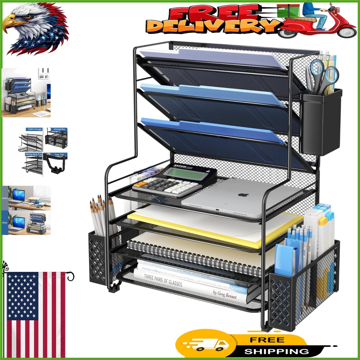Space-Saving 7-Tier Black Desktop Organizer with Compartments and Pen Holder