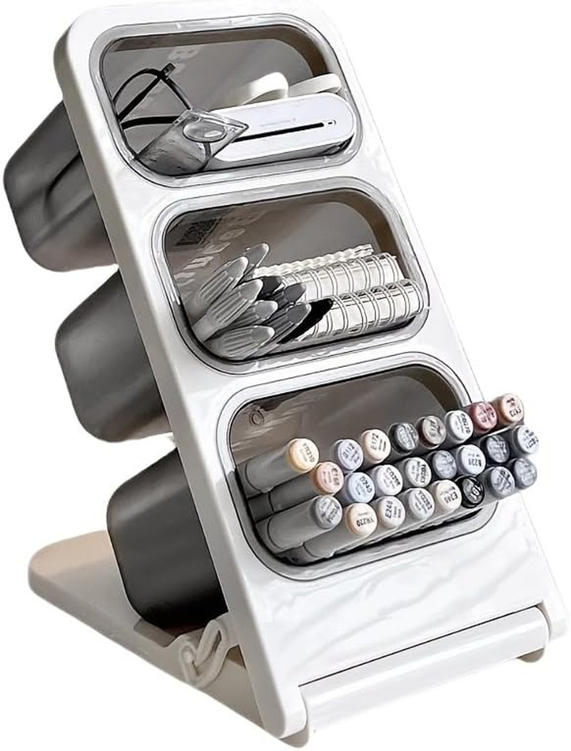 Tilted Pen Holder with 3 Compartments, Pen Organizer for Desk, Desktop Storage B