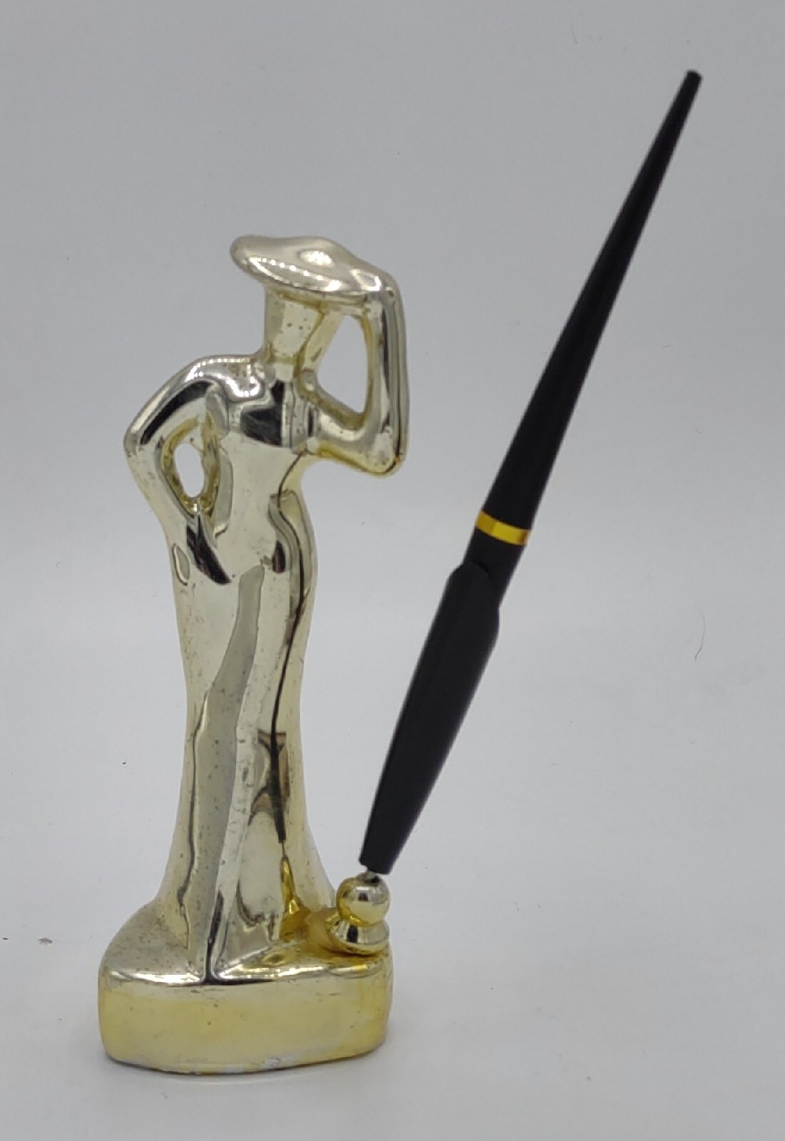 Vtg Art Deco Gold Ceramic Lady Pen Holder W/Fountain Pen 8″