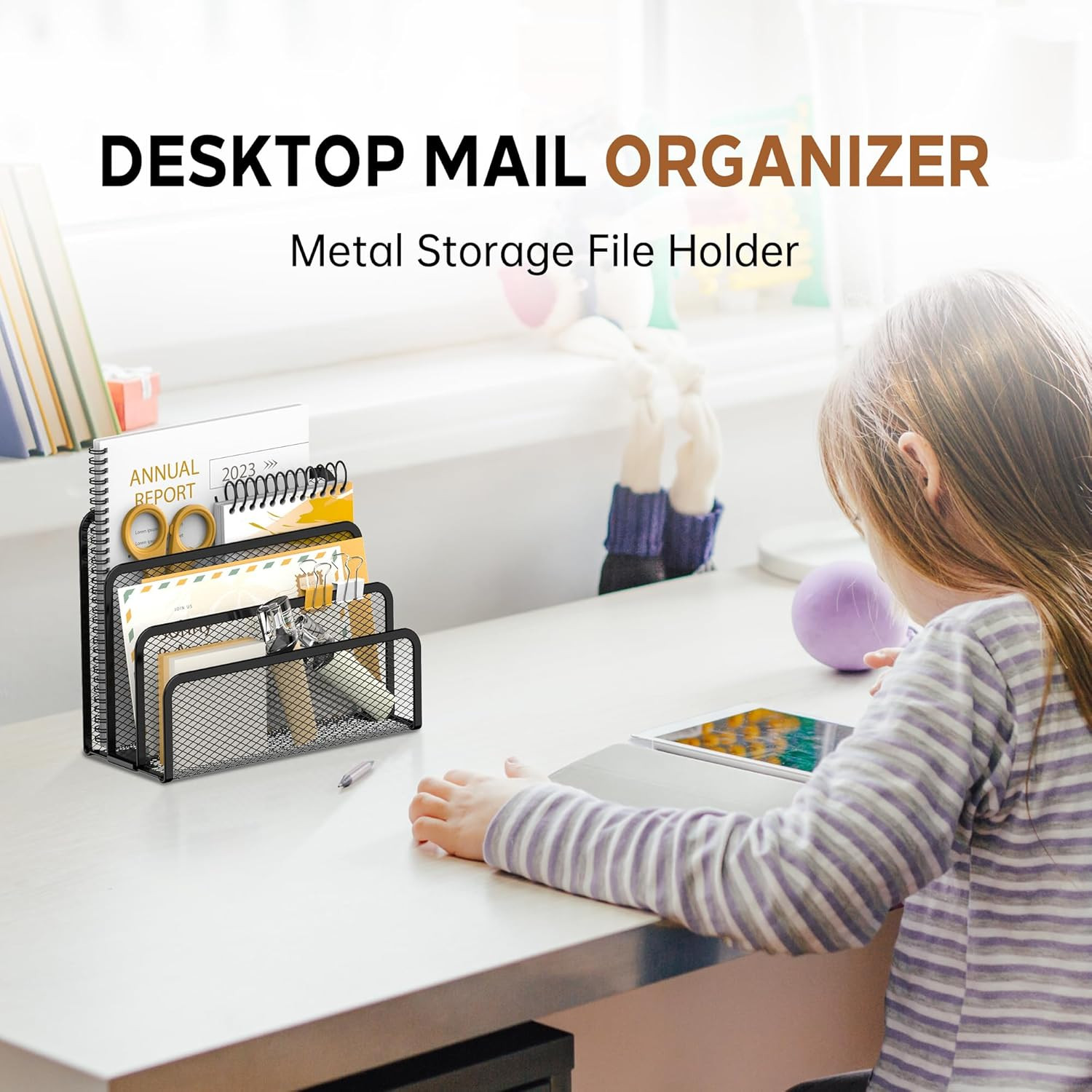 Mail Organizer for Desk, Mesh Metal Mail Holder Countertop with 3-, Letter Sorte