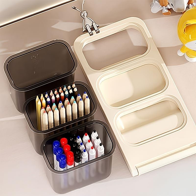 Tilted Pen Holder with 3 Compartments, Pen Organizer for Desk, Desktop Storage B