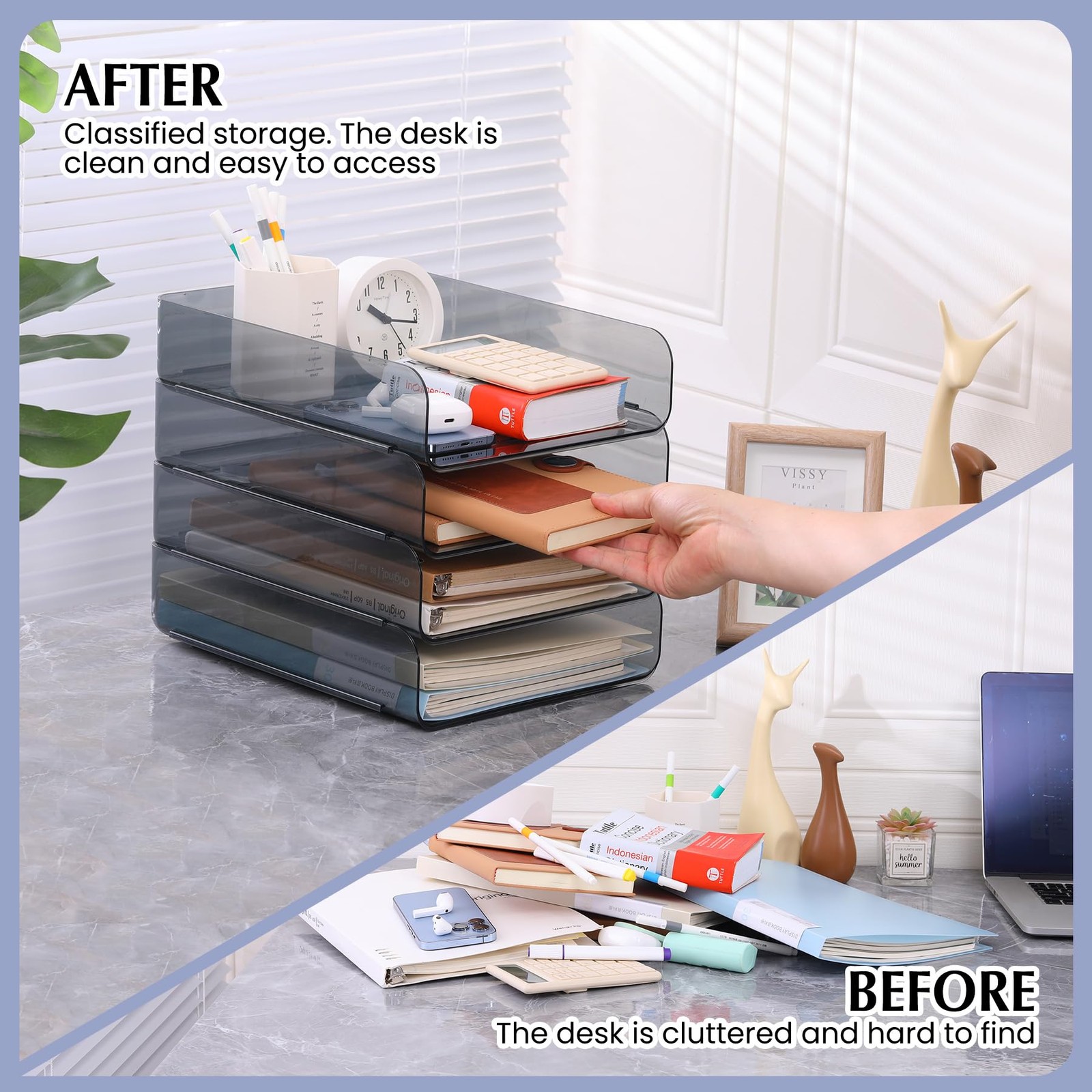 2 PCS Stackable Paper Tray Organizer Clear File Desk Storage Accessories Black