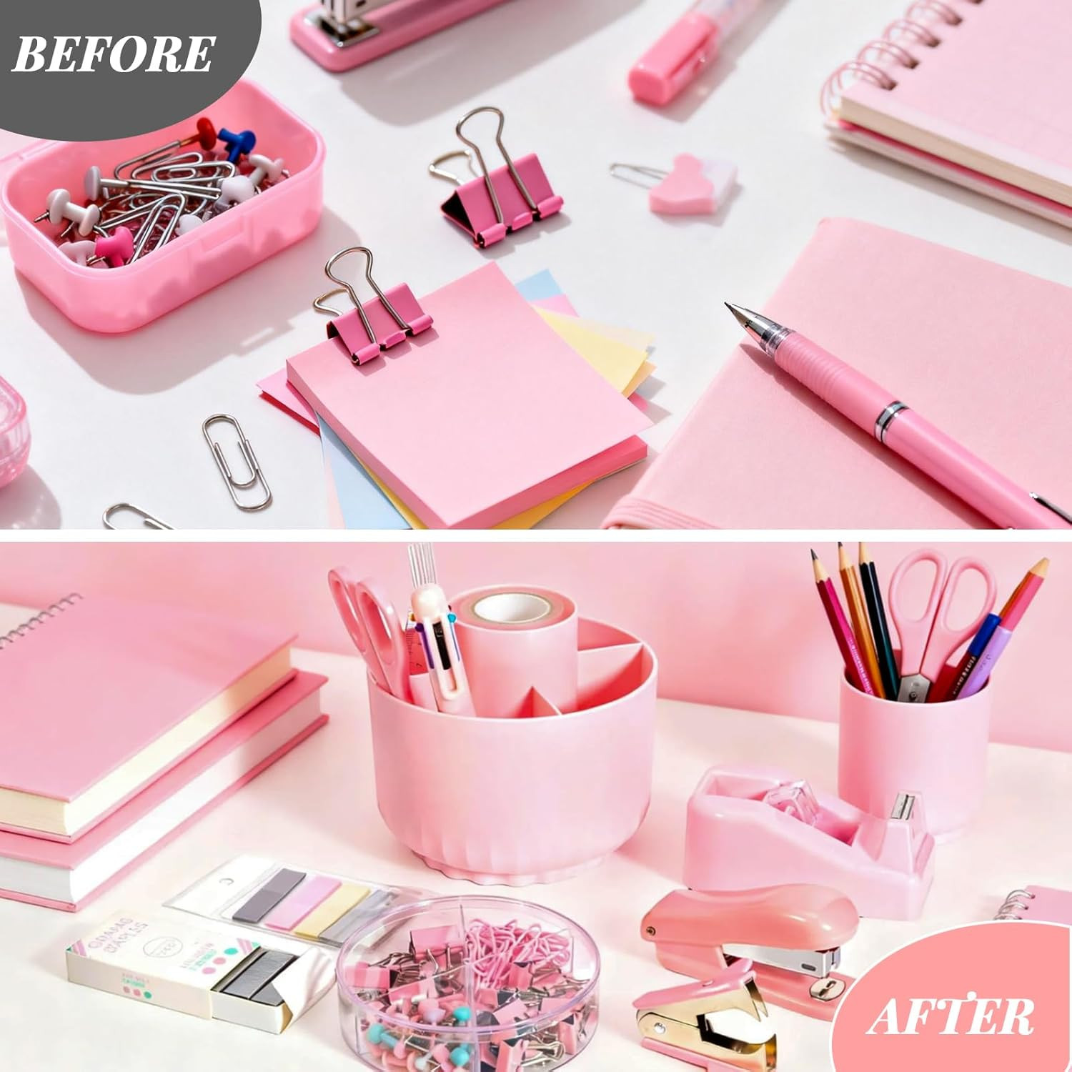 Pink Desk Accessories, 11Pcs Desk Organizer with 360°Rotating Pen Holder, Staple