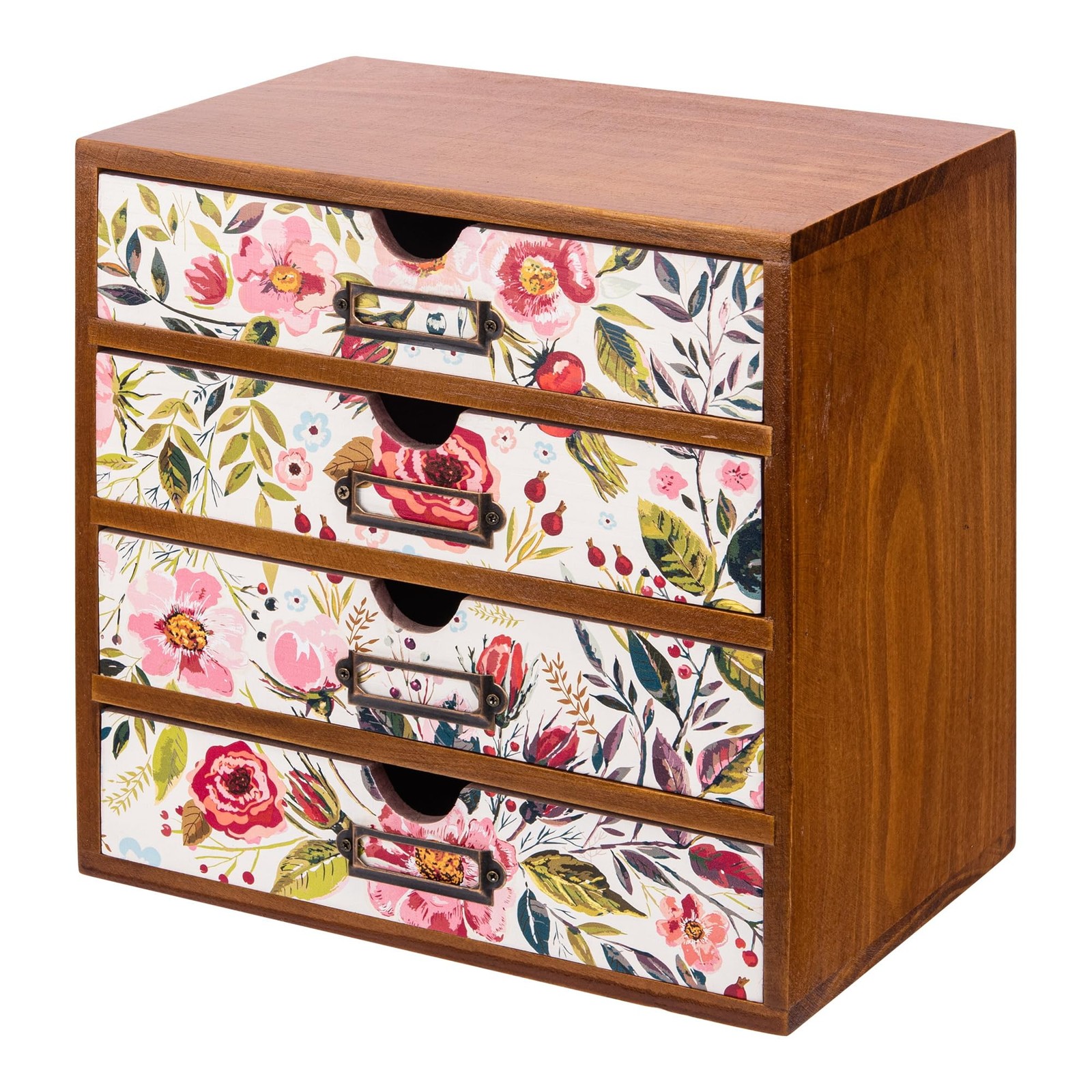 4-Drawer Vintage Desk Wood Storage Box With Vibrant Botanical Flower on White