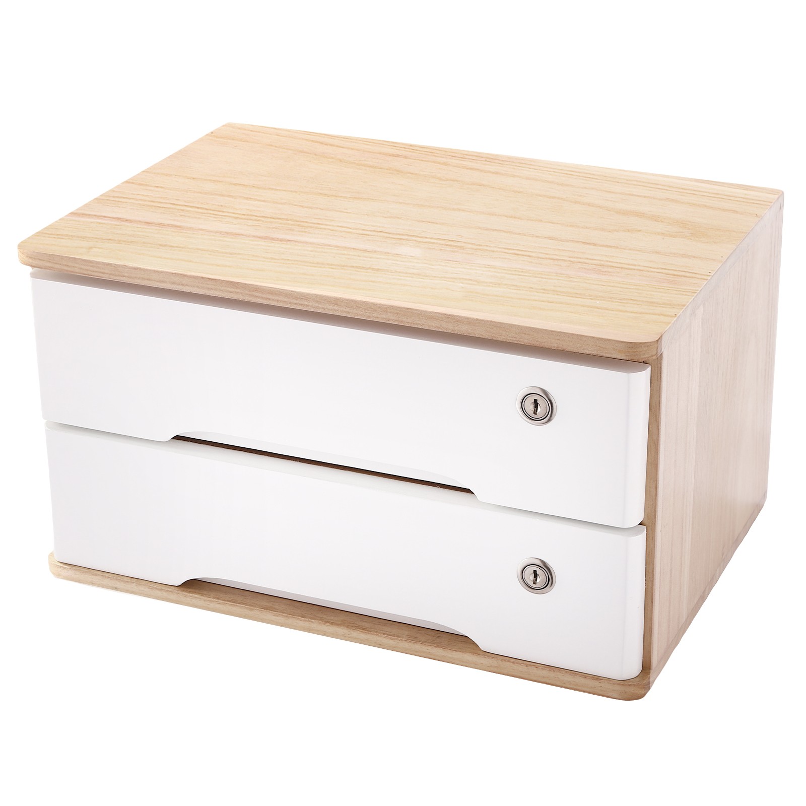 2 Tier Desktop Organizer with 2 Lockable Drawers Wooden Desk Storage Box